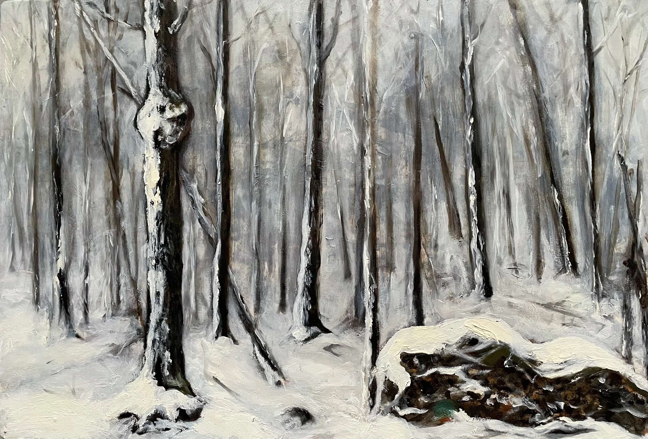 Daniel Barber. Woodpile: View From the Rhode Island Studio. 2017. Oil on panel. 10 x 15 inches (25.4 x 38.1 cm)