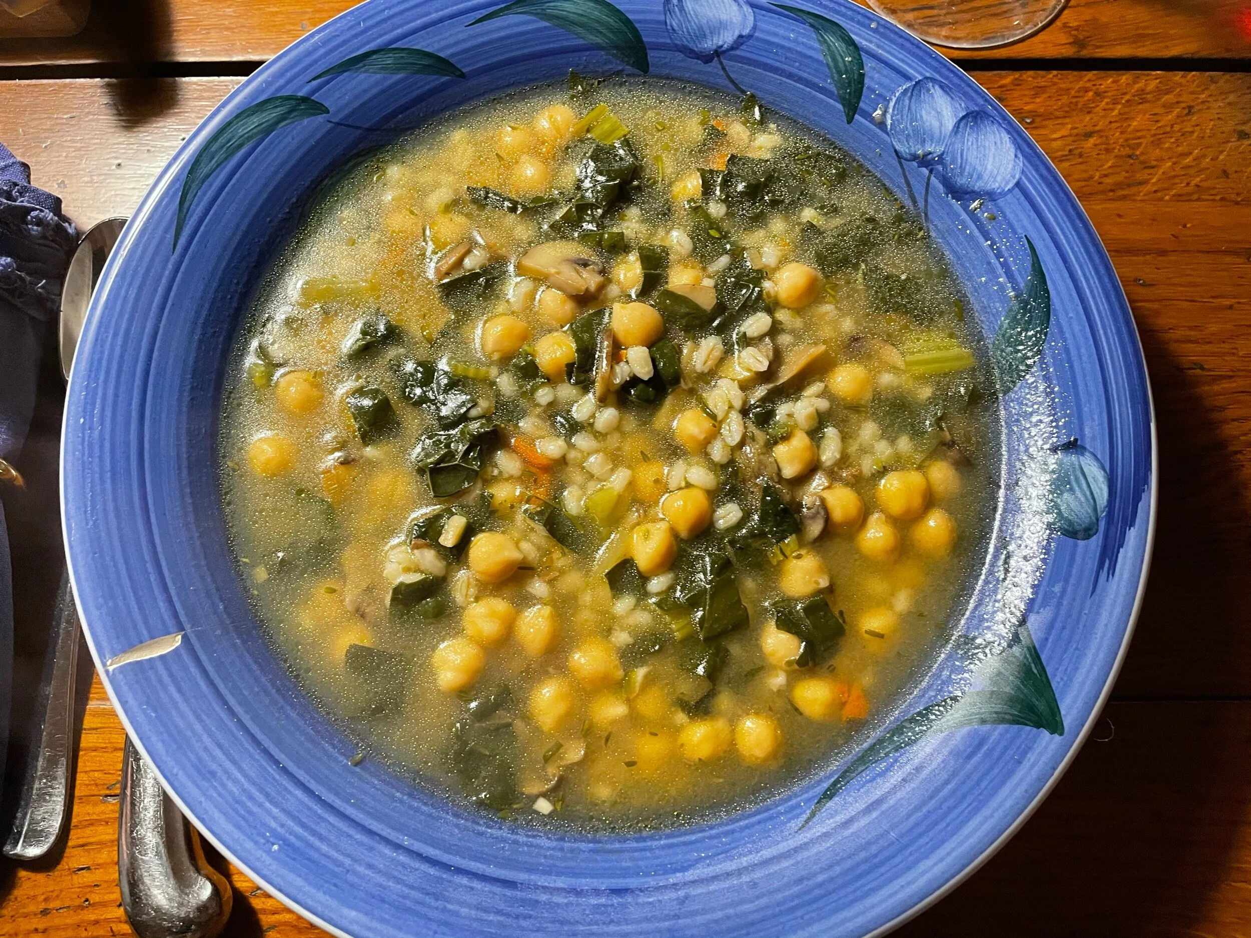 Soup— Ceci in cooking liquid, lacinato kale, dried porcini broth, baby bella mushrooms, carrots, and garden herbs. 