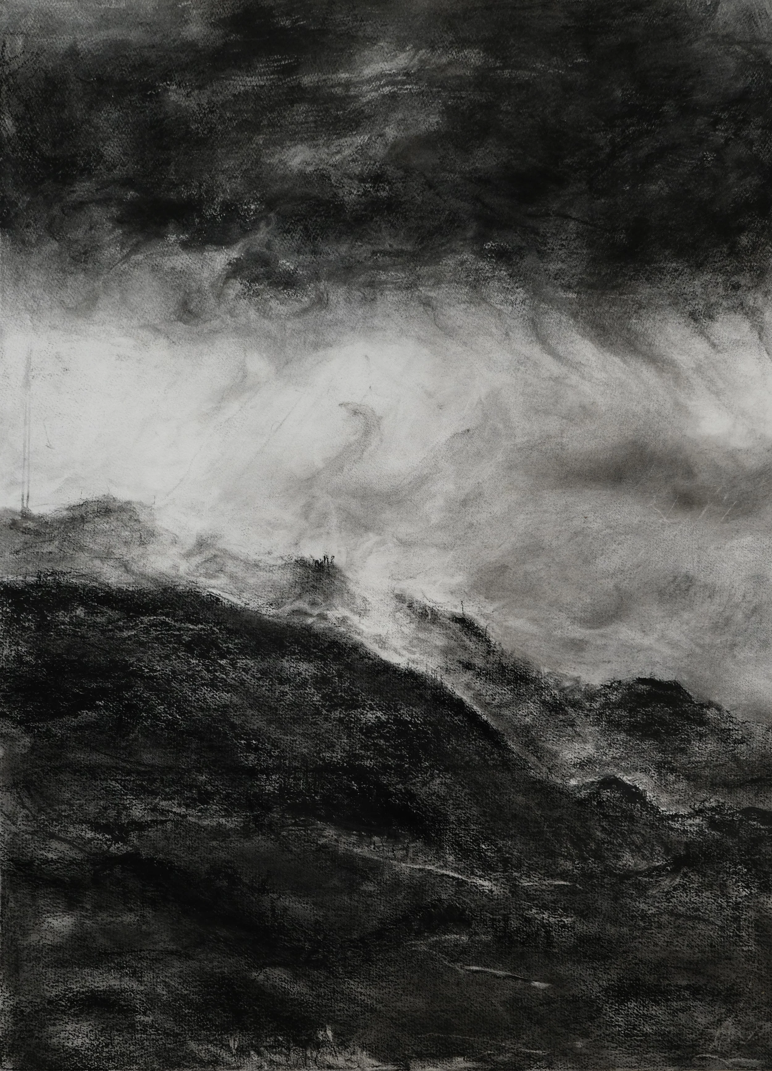 Storm Over May Peak, San Gabriel Mountains (Indra's Net). 2023. Charcoal and black chalk on paper. 30 x 22 in. (76.2 x 55.9 cm)