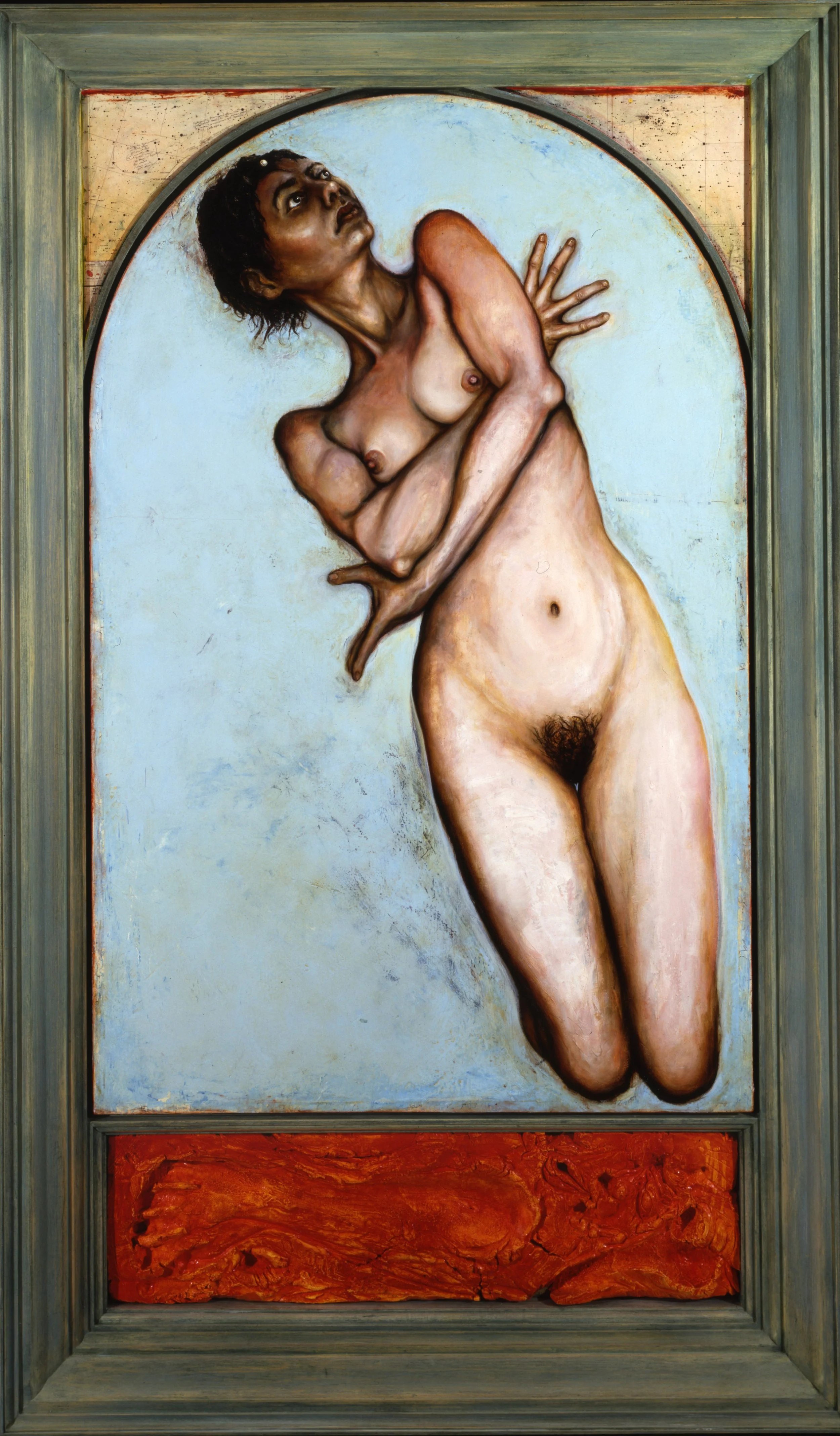 Ariadne. 1995. Oil on linen, collage, carved Hydro-Cal, all on panel, framed. 64 1/2 x 38 ¼ inches (163.8 x 97.2 cm) 