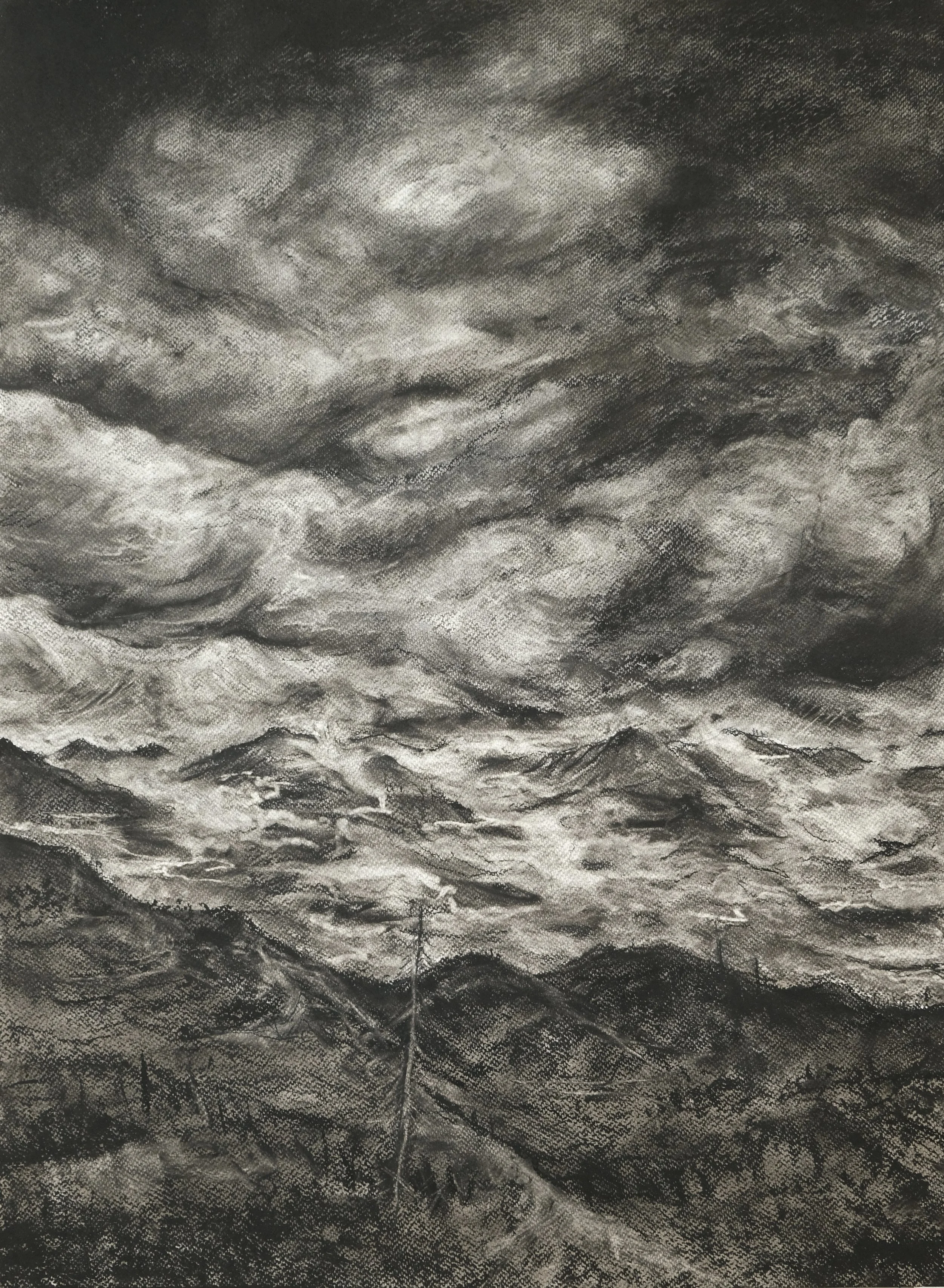 Atmospheric River (Indra's Net). 2026. Charcoal and black chalk on paper. 30 x 22 in. (76.2 x 55.9 cm)
