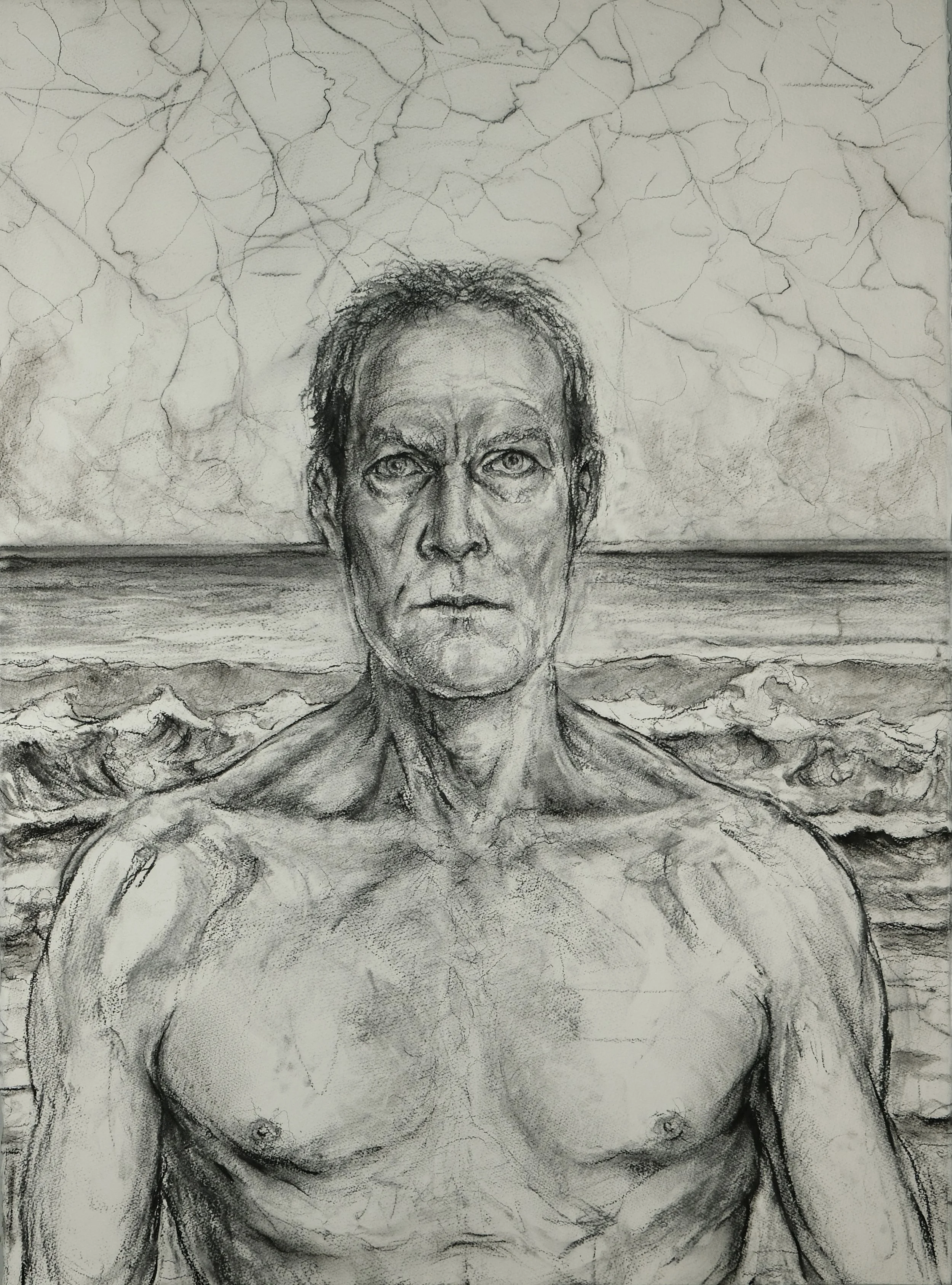 Self-Portrait, Rising Sea (Indra's Net). 2021. Charcoal and black chalk on paper. 30 x 22 in. (76.2 x 55.9 cm)