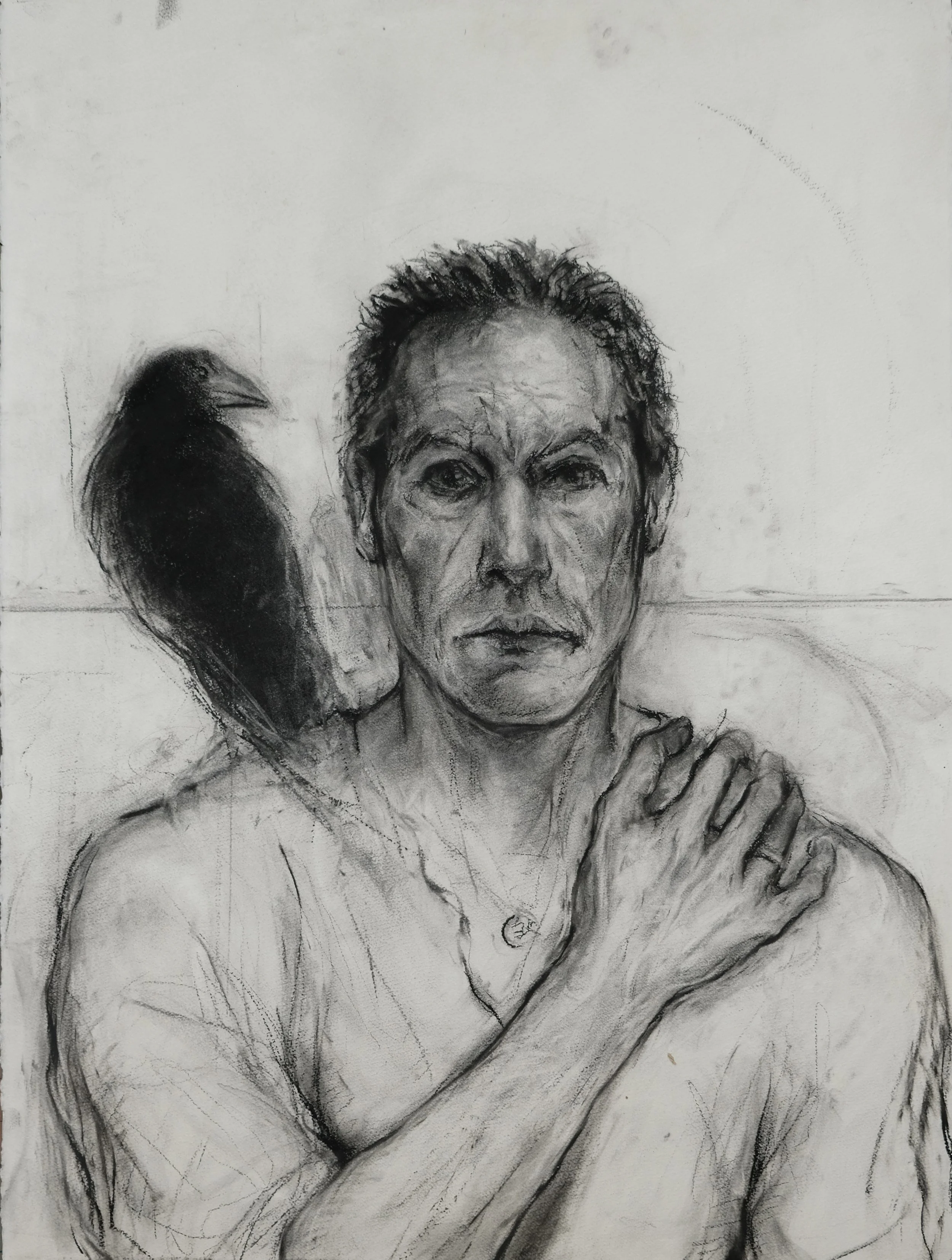 Self-Portrait with Raven (Indra's Net). 2016. Charcoal and black chalk on paper. 30 x 22 in. (76.2 x 55.9 cm)