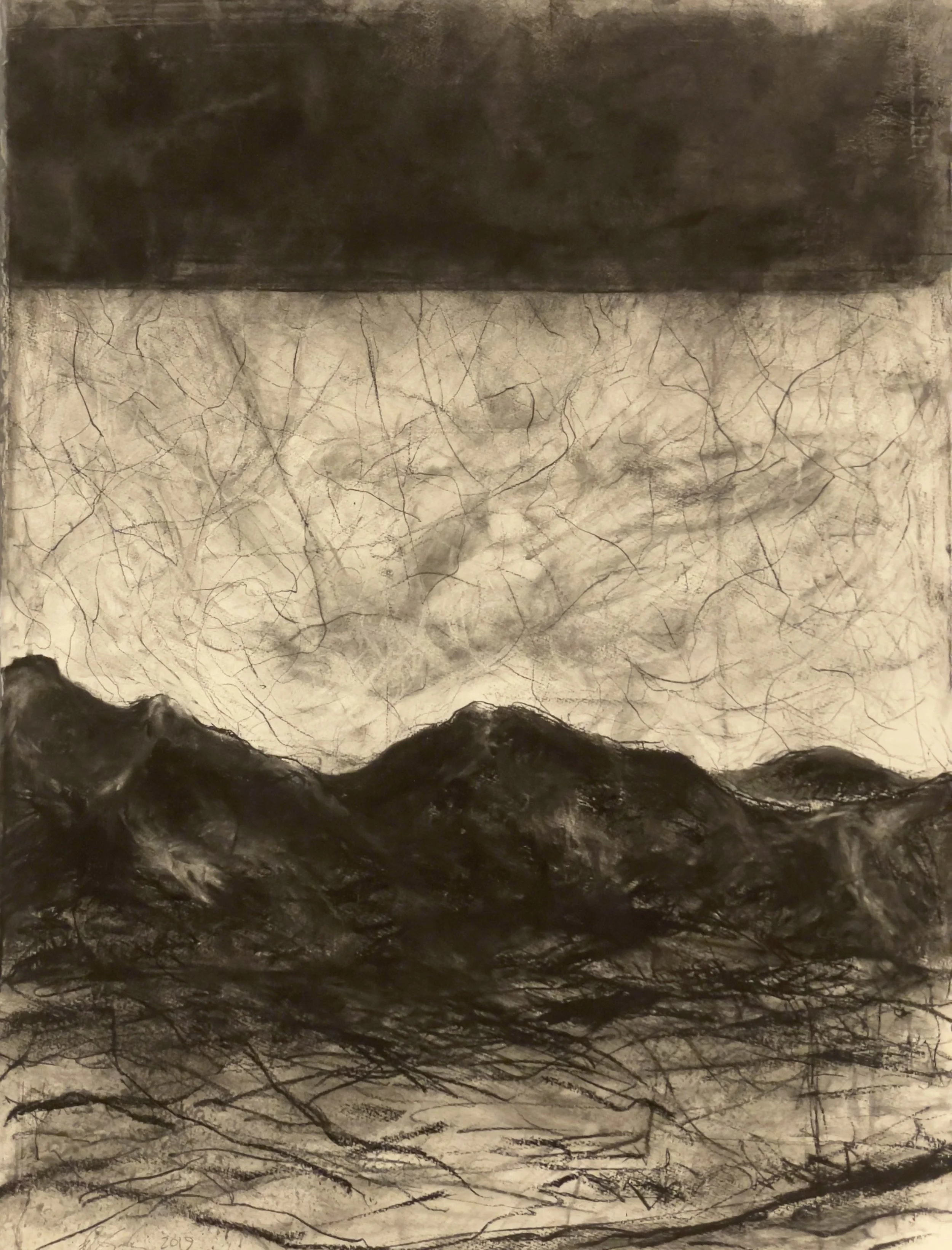 Storm Over Iron Canyon (Indra's Net). 2022. Charcoal and black chalk on paper. 30 x 22 inches. (76.2 x 55.9 cm)