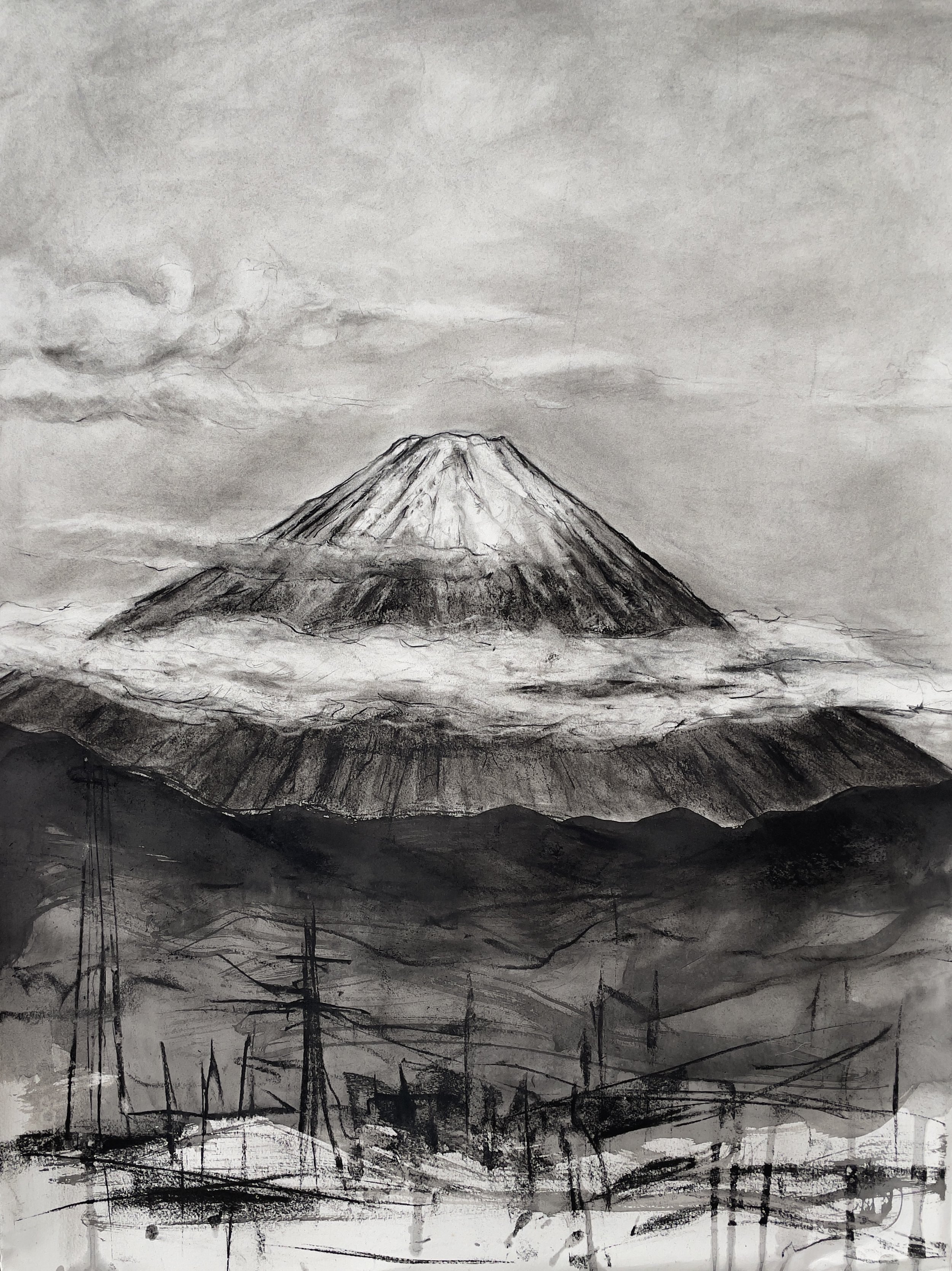 Fuji-san (Indra's Net). 2022. Charcoal, black chalk, and ink on paper. 30 x 22 inches (76.2 x 55.9 cm)