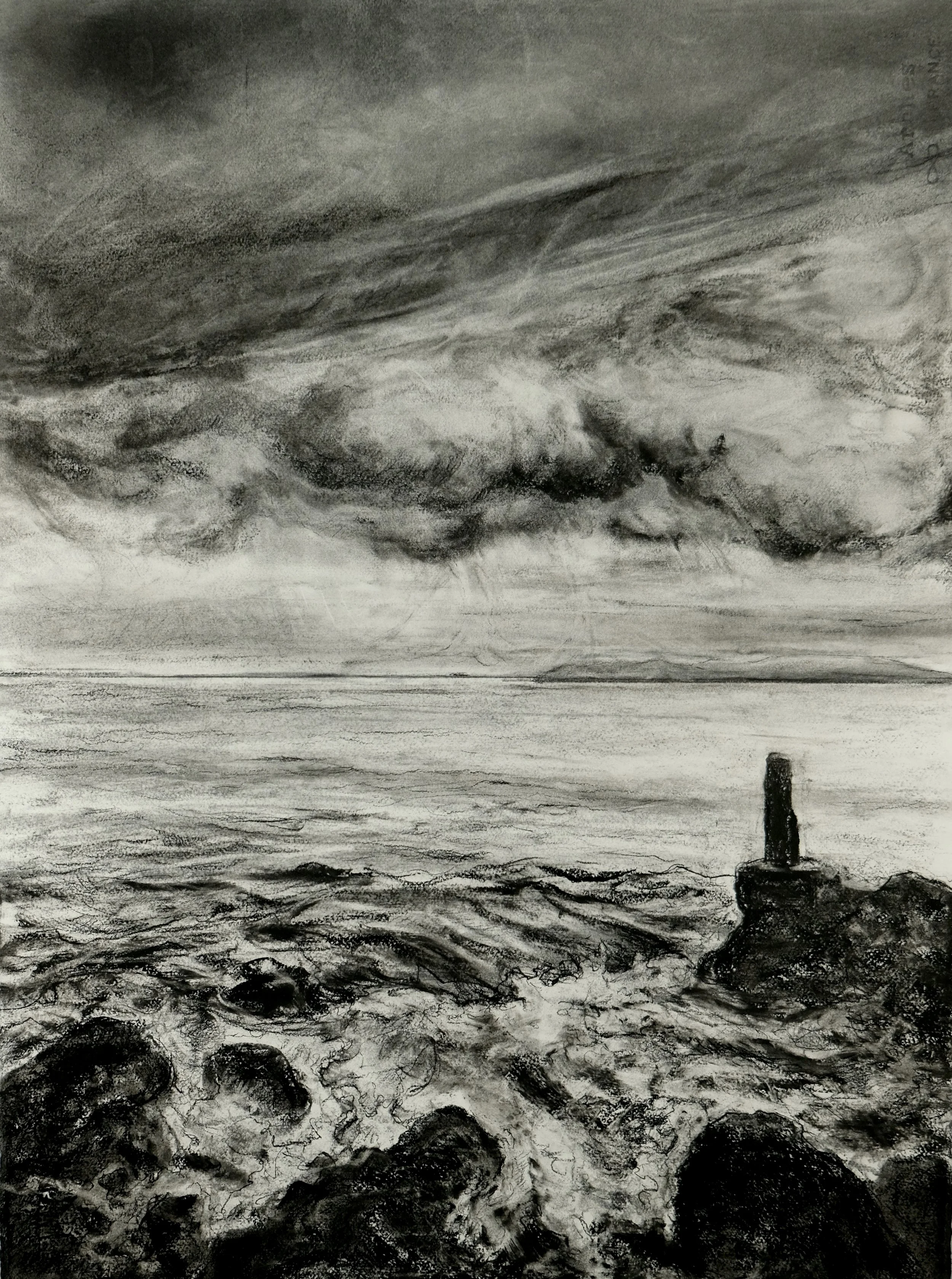 Surf and Storm at Point Vicente (Indra's Net). 2023. Charcoal and black chalk on paper. 30 x 22 in. (76.2 x 55.9 cm)