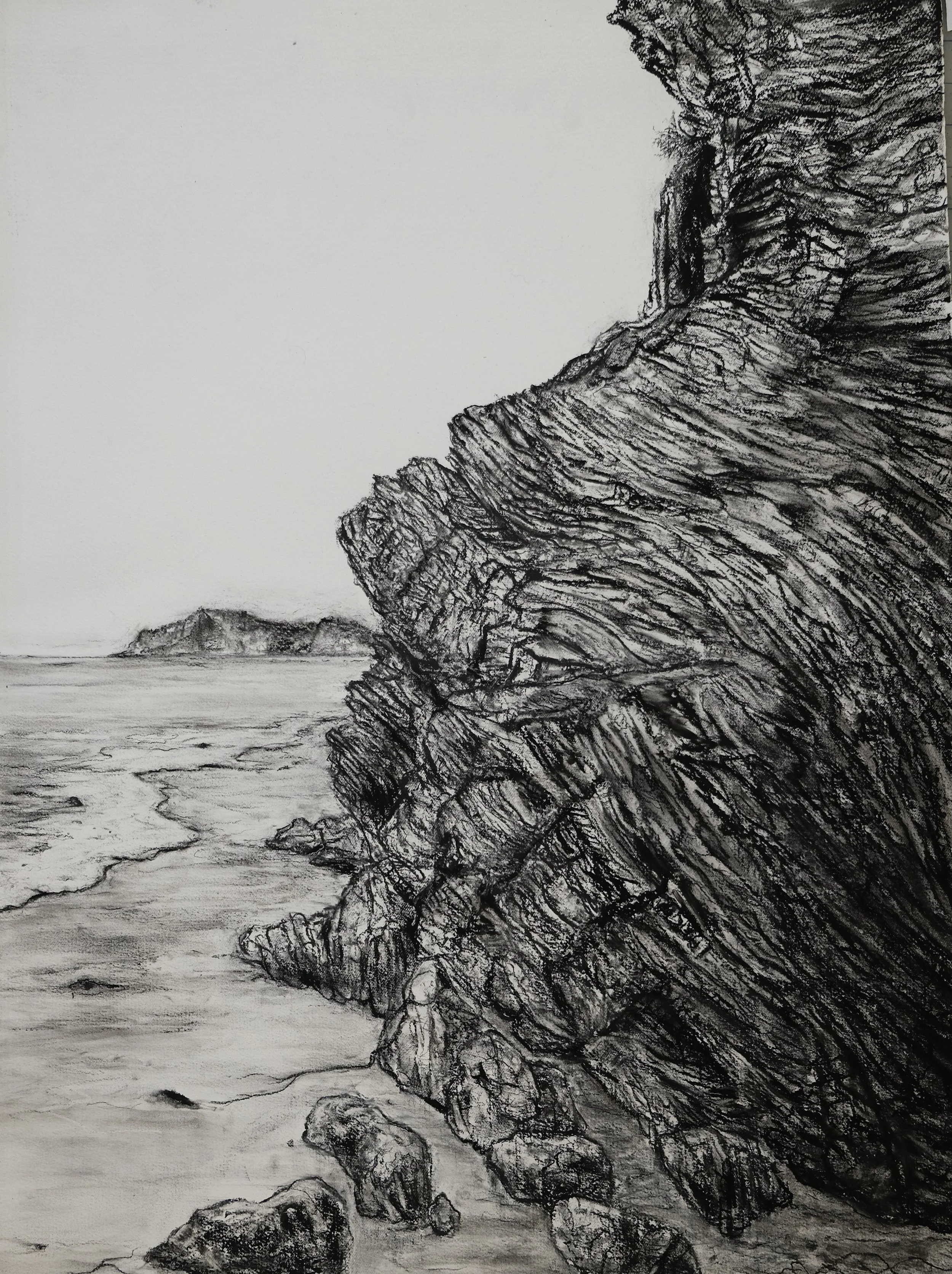 Two Views, Point Dume, Malibu II (Indra's Net). 2023. Charcoal and black chalk on paper. 30 x 22 in. (76.2 x 55.9 cm)