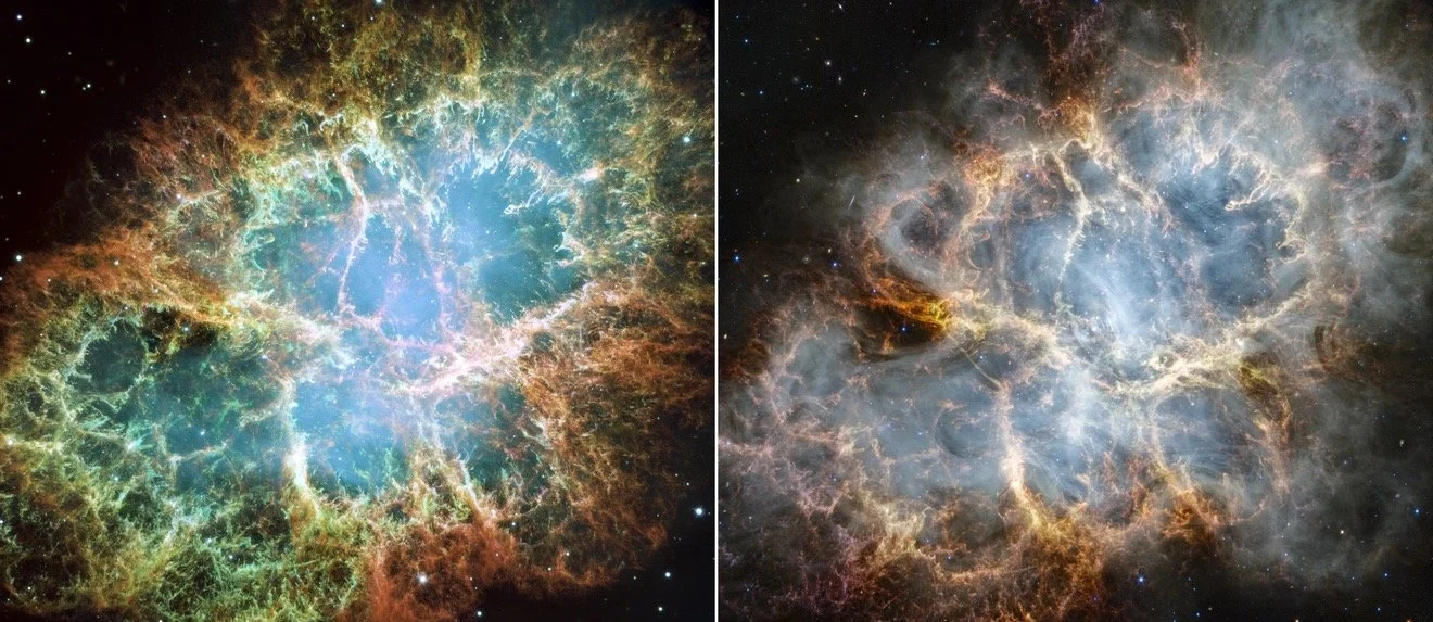 Side-by-side images of the Crab Nebula, a supernova remnant with intricate, colorful filaments of gas and dust, bright core, and scattered stars in the background.