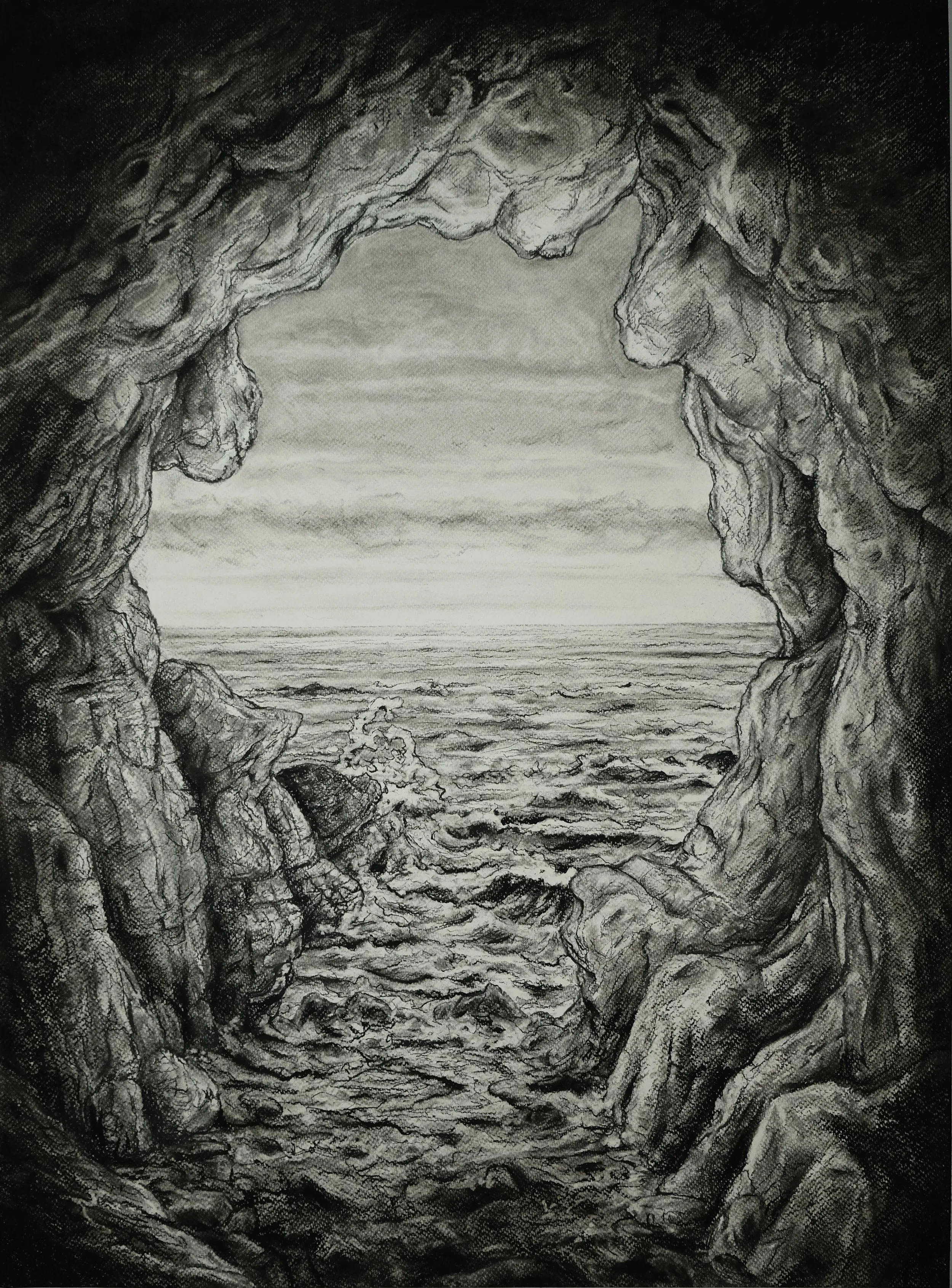 Cave at Leo Carrillo State Park, Malibu, California (Indra's Net). 2025. Charcoal and black chalk on paper. 30 x 22 in. (76.2 x 55.9 cm)