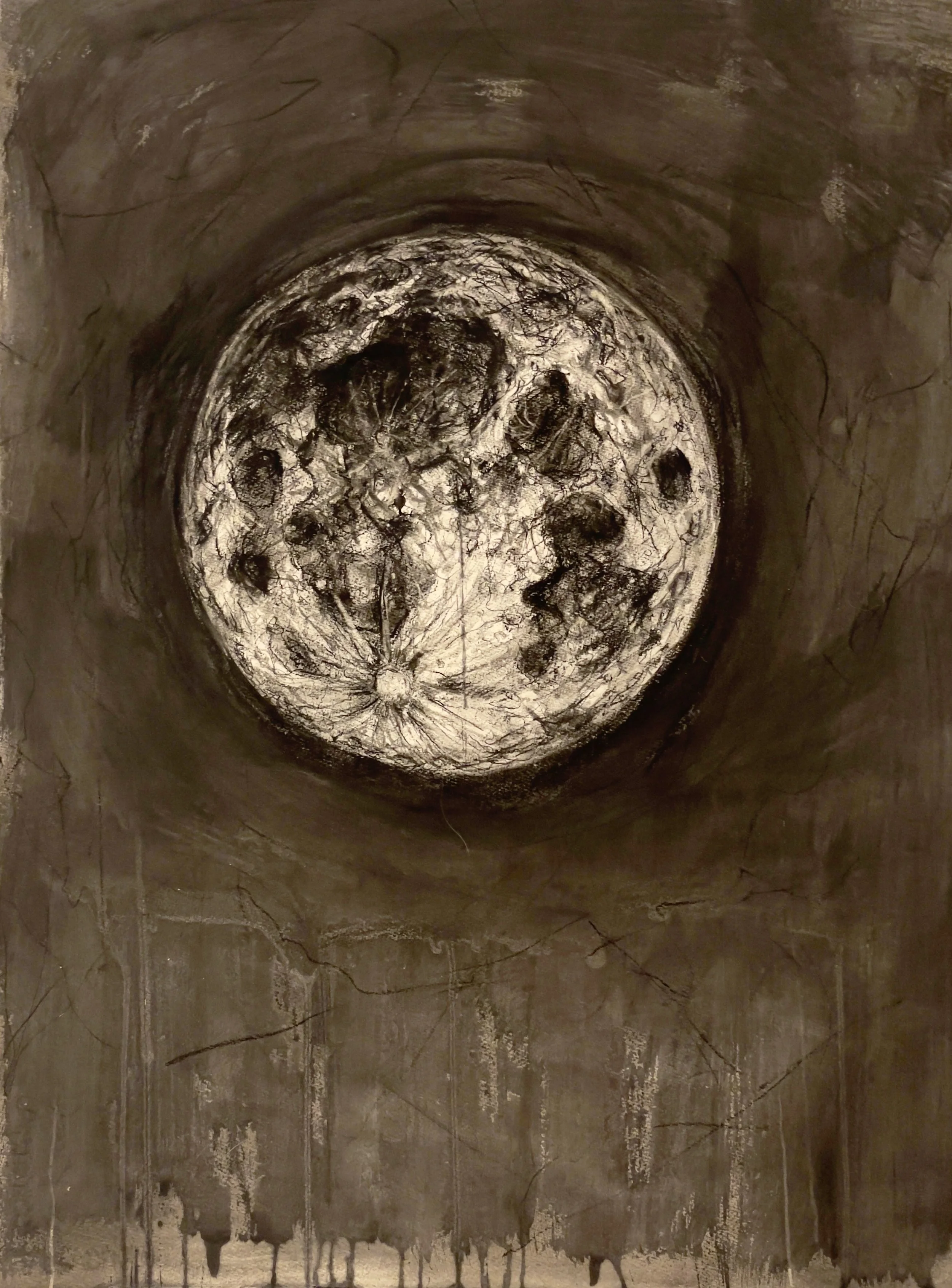 Contemplation of the Full Moon (Indra's Net). 2022. Charcoal, black chalk, and ink on paper. 30 x 22 inches (76.2 x 55.9 cm)