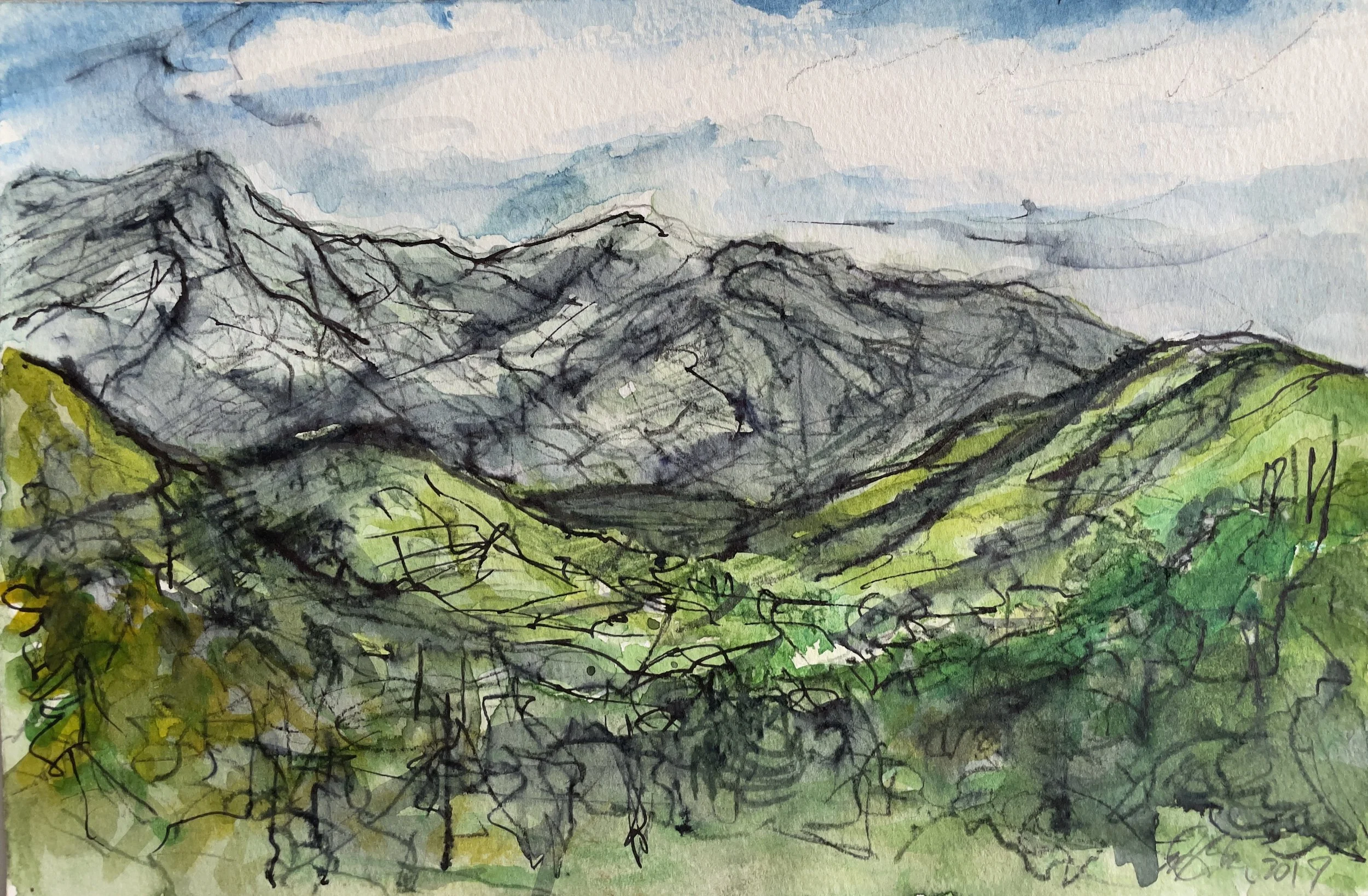 View of Camp Nine over Iron Canyon. Watercolor and ink on paper. 6 x 9 in. (15.2 x 22.3 cm)