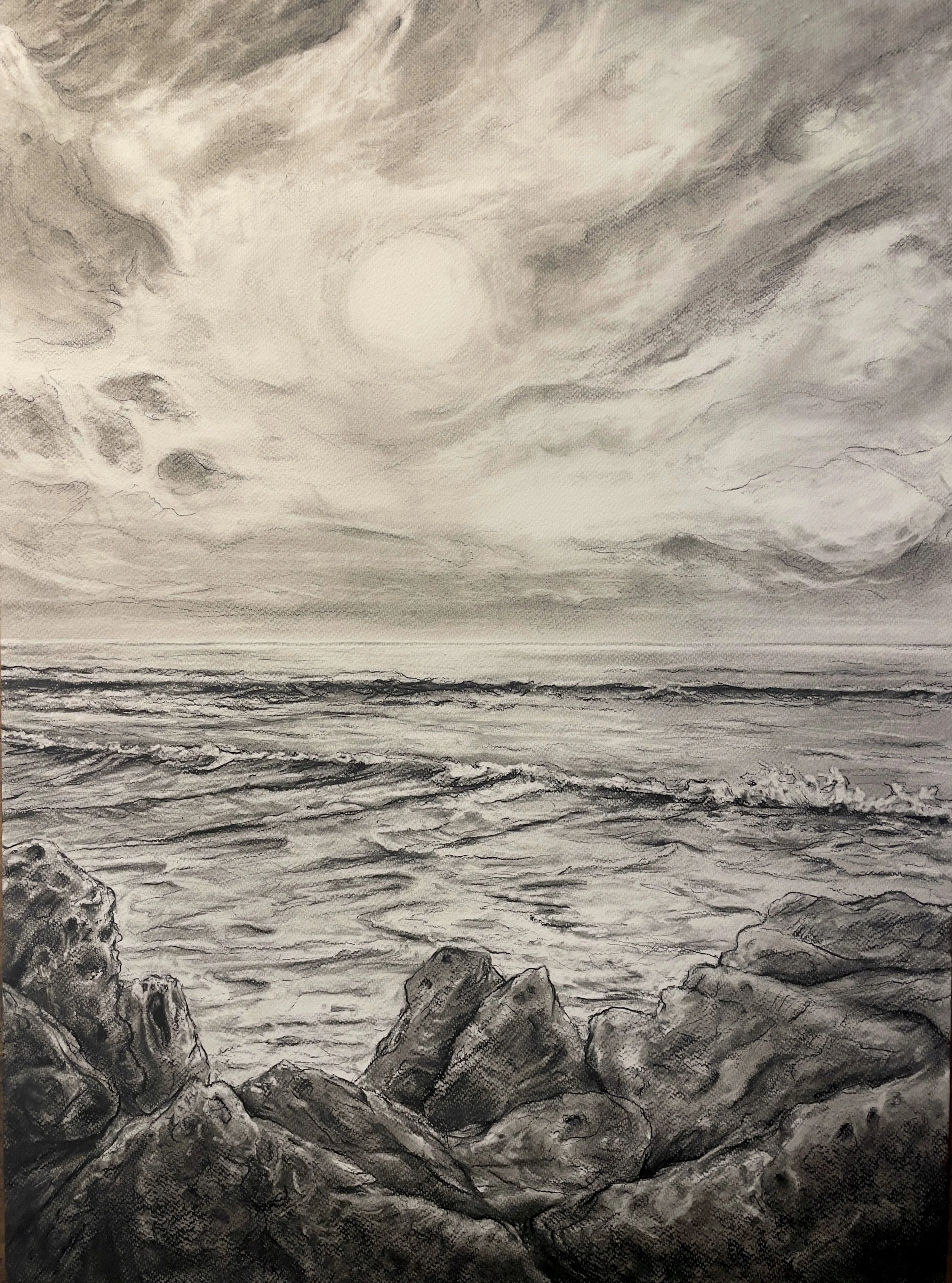 Ventura After the Storm (Indra's Net). 2025. Charcoal and black chalk on paper. 30 x 22 in. (76.2 x 55.9 cm)