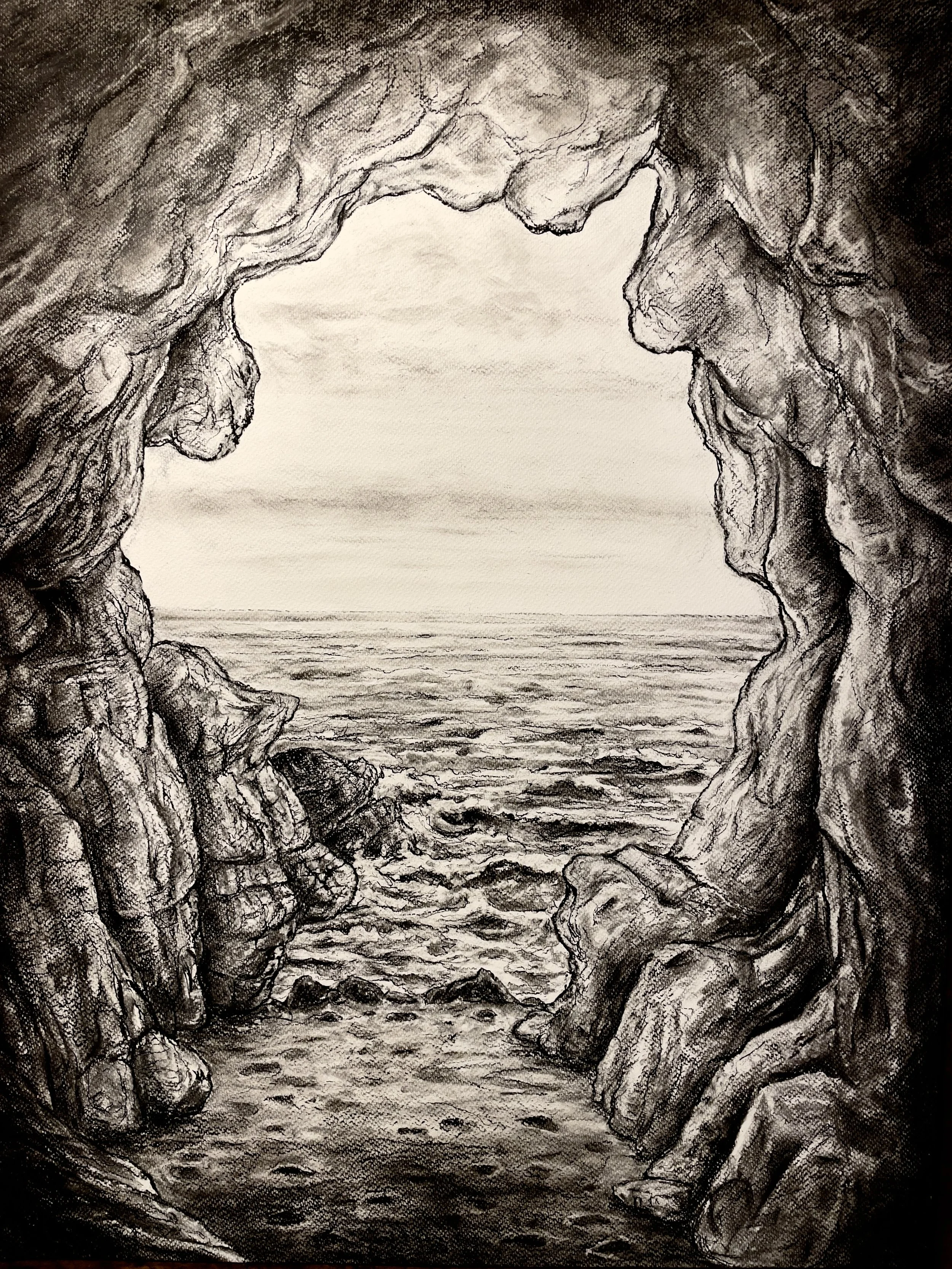 Cave at Leo Carrillo State Park, Malibu, California (Indra's Net). 2025. Charcoal and black chalk on paper. 30 x 22 in. (76.2 x 55.9 cm)