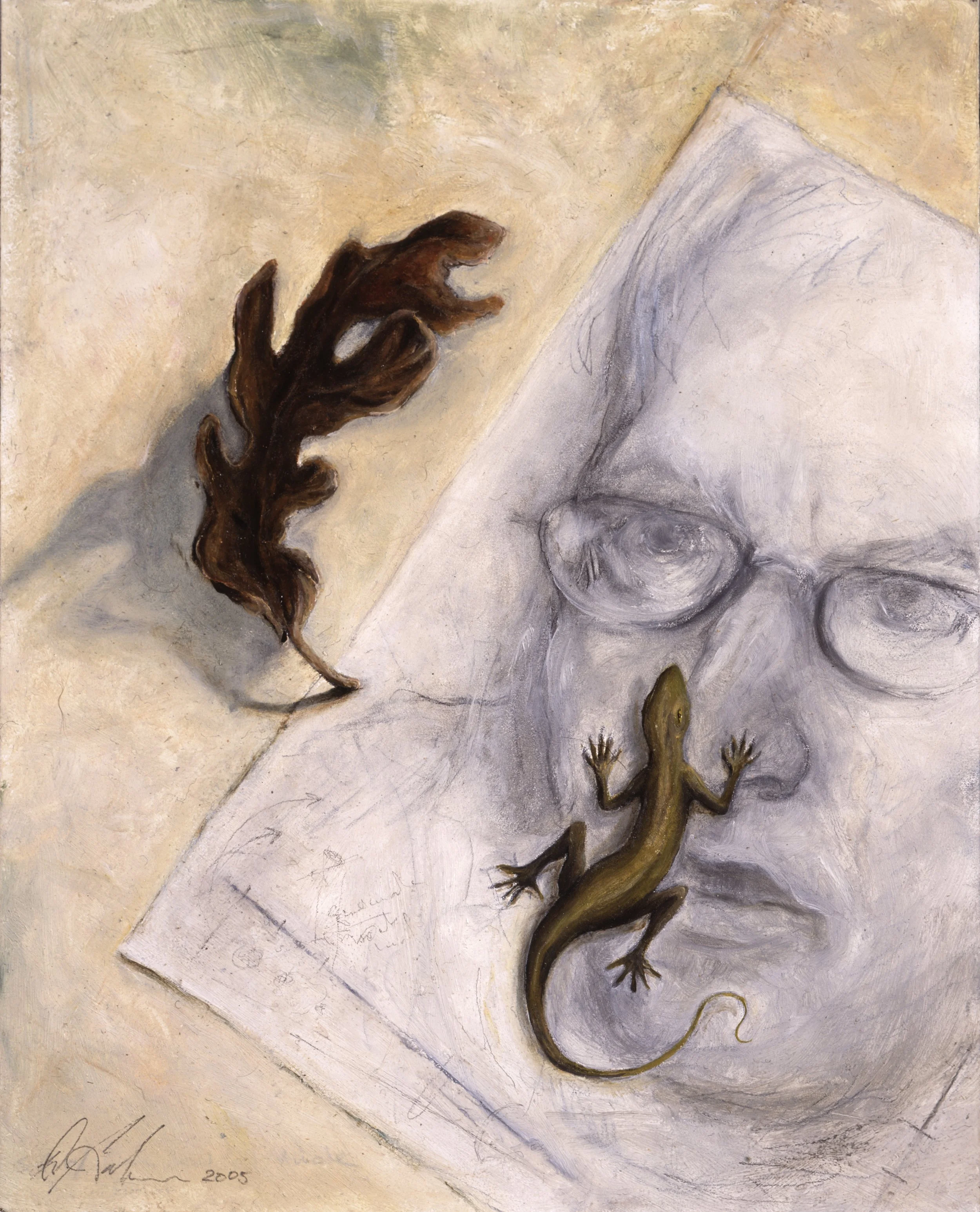 Self-Portrait with Oak Leaf and Anole. 2005. Oil on panel. 10 x 8 in. (25.4 x 20.3 cm) 
