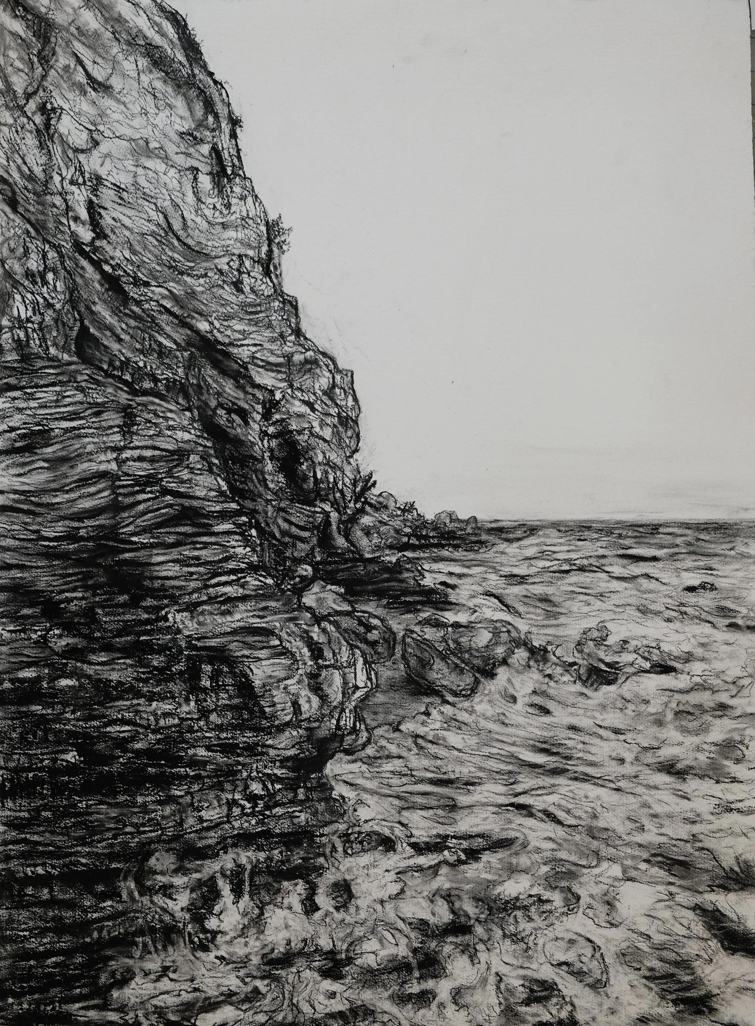 Two Views, Point Dume, Malibu I (Indra's Net). 2023. Charcoal and black chalk on paper. 30 x 22 in. (76.2 x 55.9 cm)