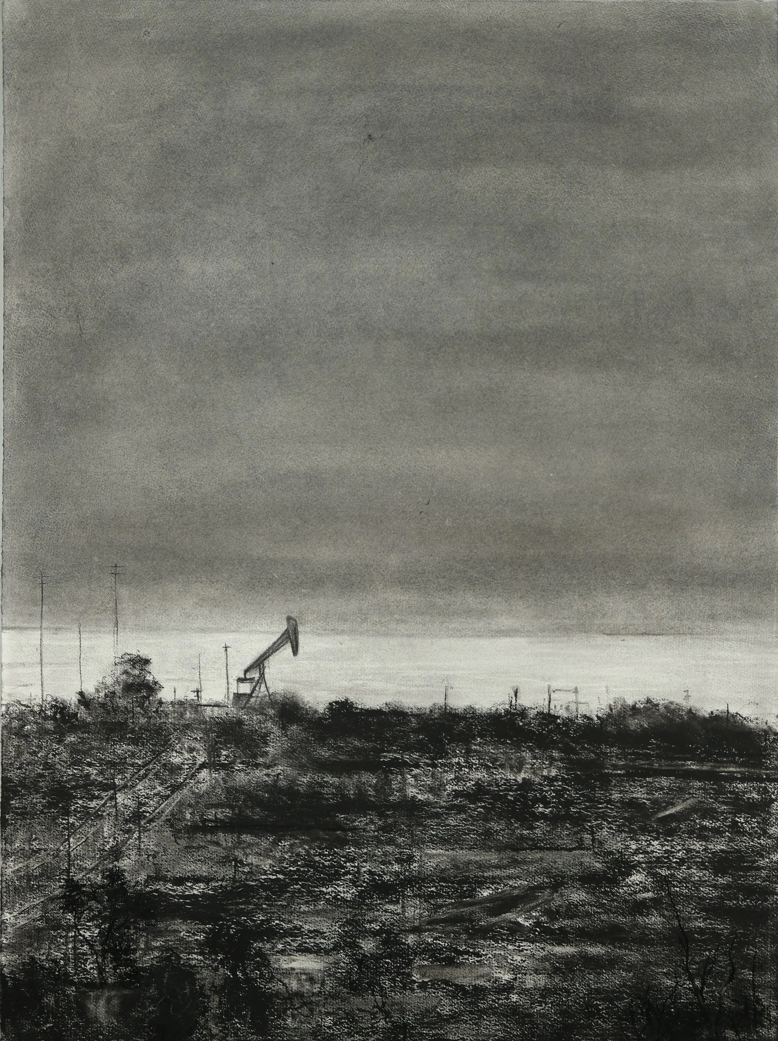 Oil fields on the edge of the sea: View from Kenneth Hahn State Recreation Area, Los Angeles (Indra's Net).  2021. Charcoal and black chalk on paper. 30 x 22 in. (76.2 x 55.9 cm)