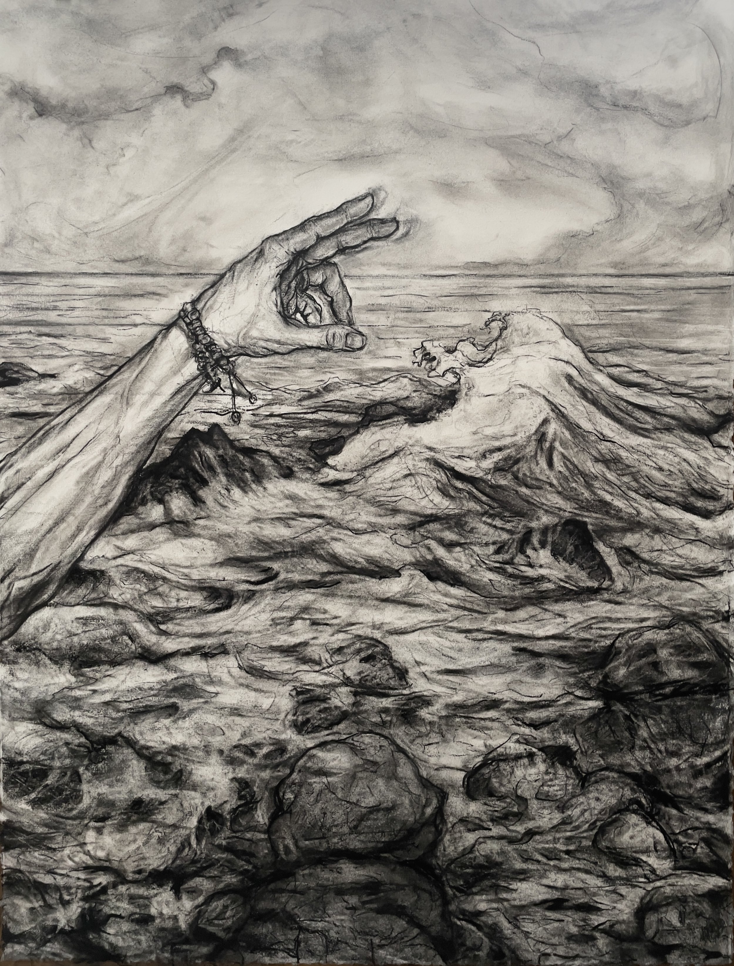 Coastal Meditation on Impermanence (Indra's Net). 2022. Charcoal and black chalk on paper. 30 x 22 inches. (76.2 x 55.9 cm)
