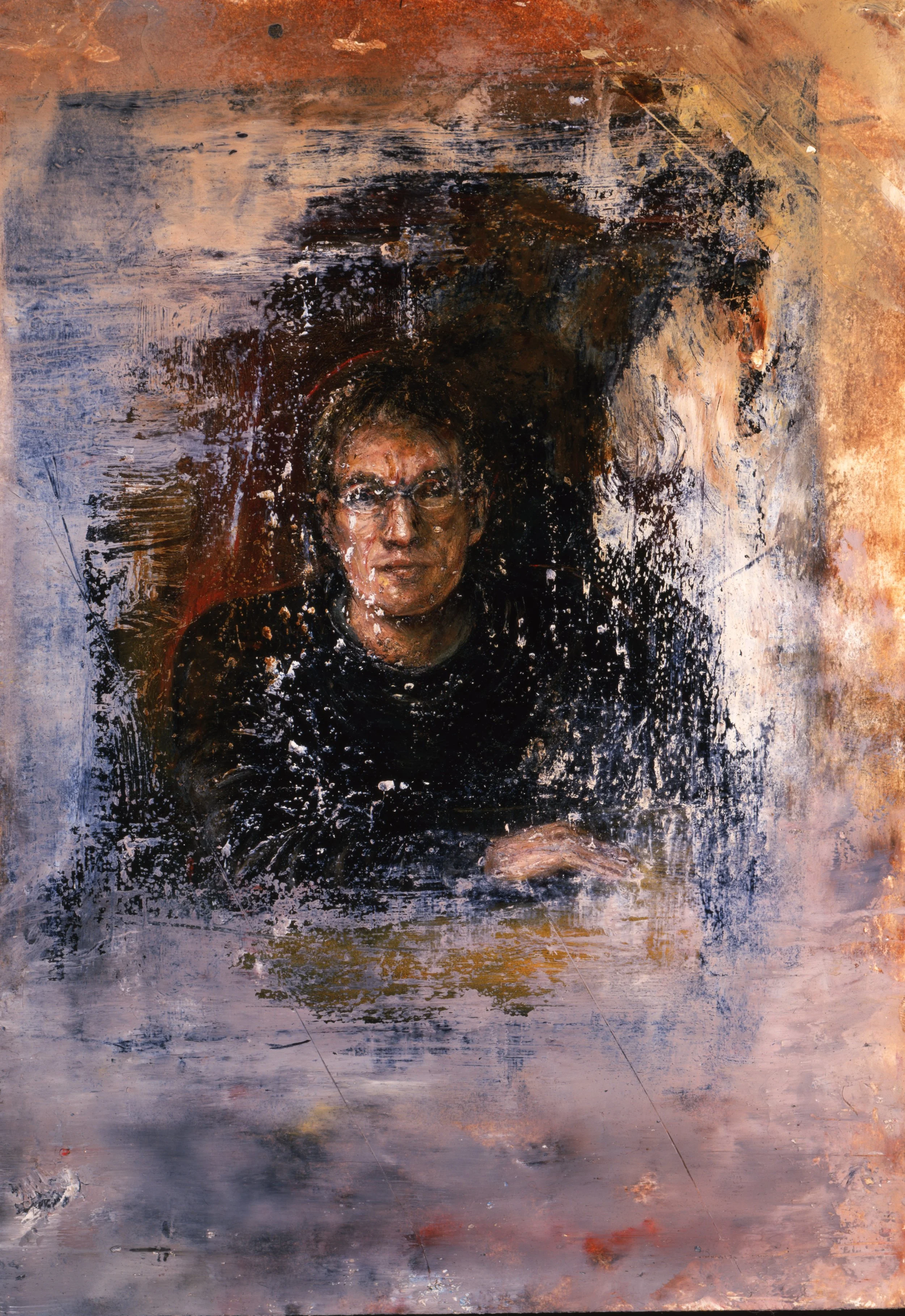 Self-Portrait with Glasses, Observed Through a Paint-Encrusted Mirror. 2000. Oil on paper. 10¼ x 7⅛ in. 26 x 18 cm) (private collection, Chicago) 