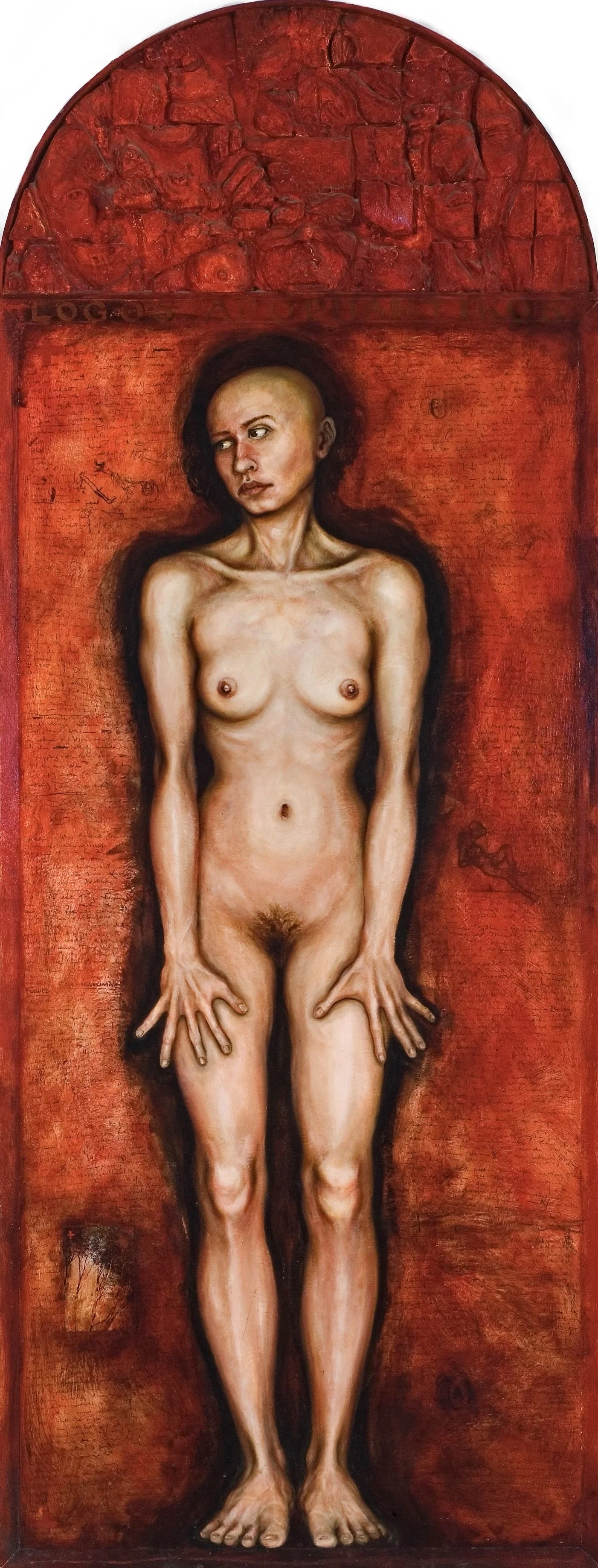 Persephone (Logos Apophantikos). 1995. Oil, collage, carved Hydro-Cal, on panel. 78 x 30 in. (198 x 76.2 cm) 