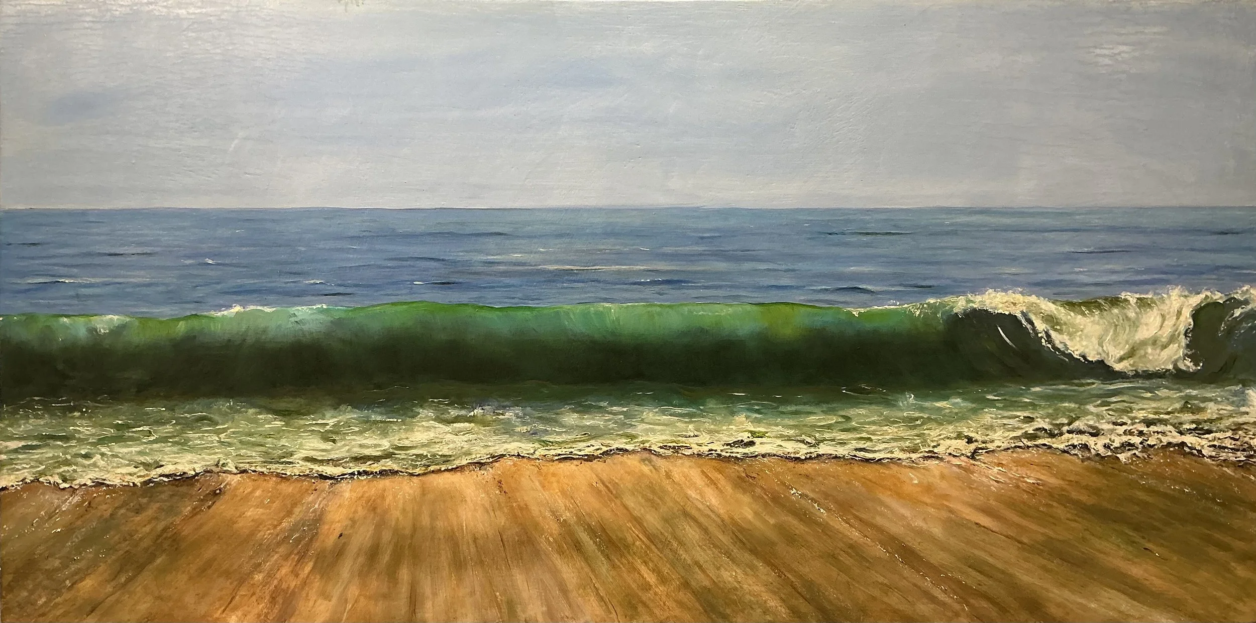 A painting of ocean waves hitting a sandy beach with a cloudy sky above.