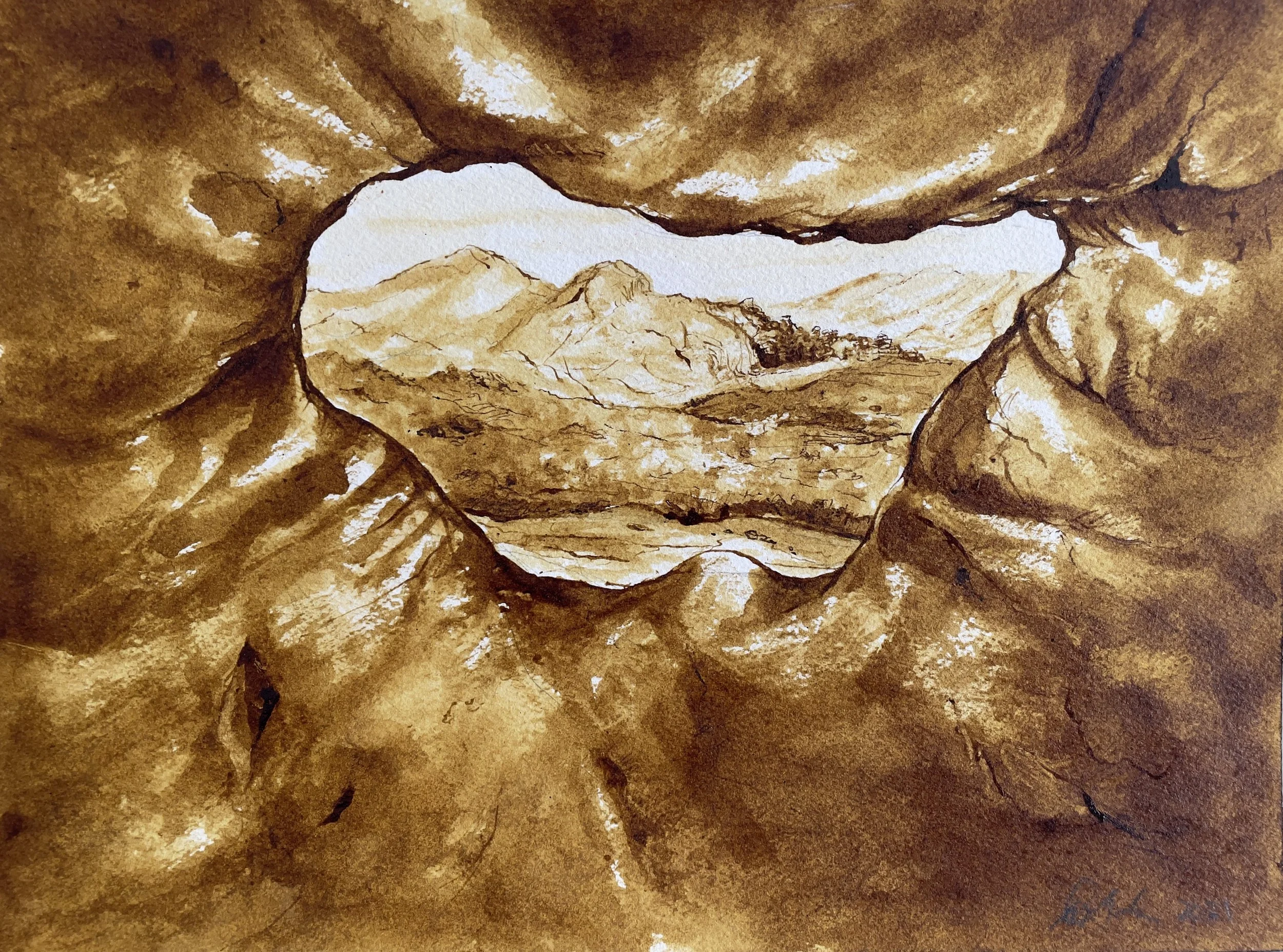 Portal, Red Rock Canyon State Park, Mojave. 2021. Sepia ink and wash on paper. 9 x 12 in. (22.9 X 30.1 cm)