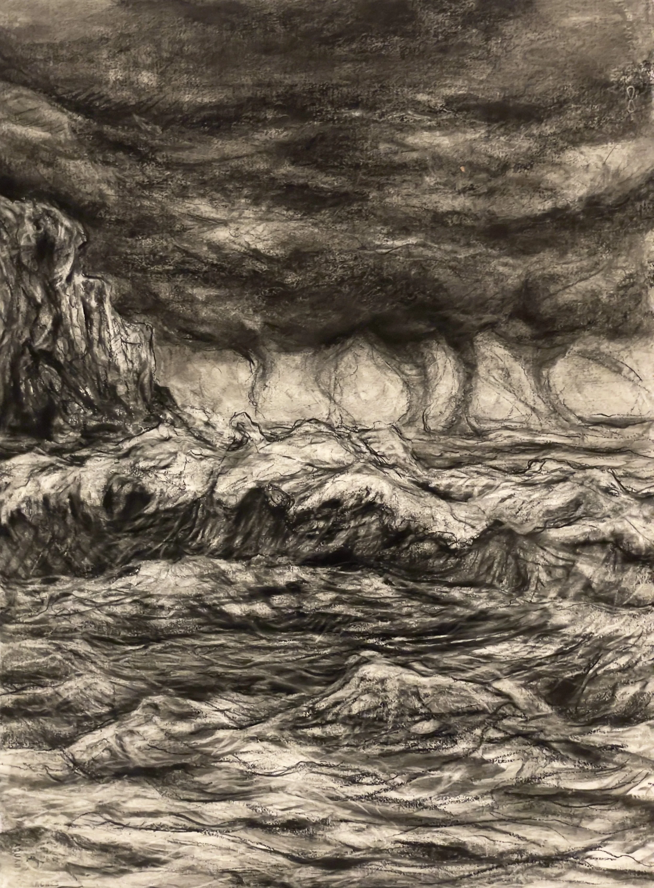 Storm at Point Dume, Malibu, California (Indra's Net). Charcoal and black chalk on paper. 30 x 22 inches. (76.2 x 55.9 cm)