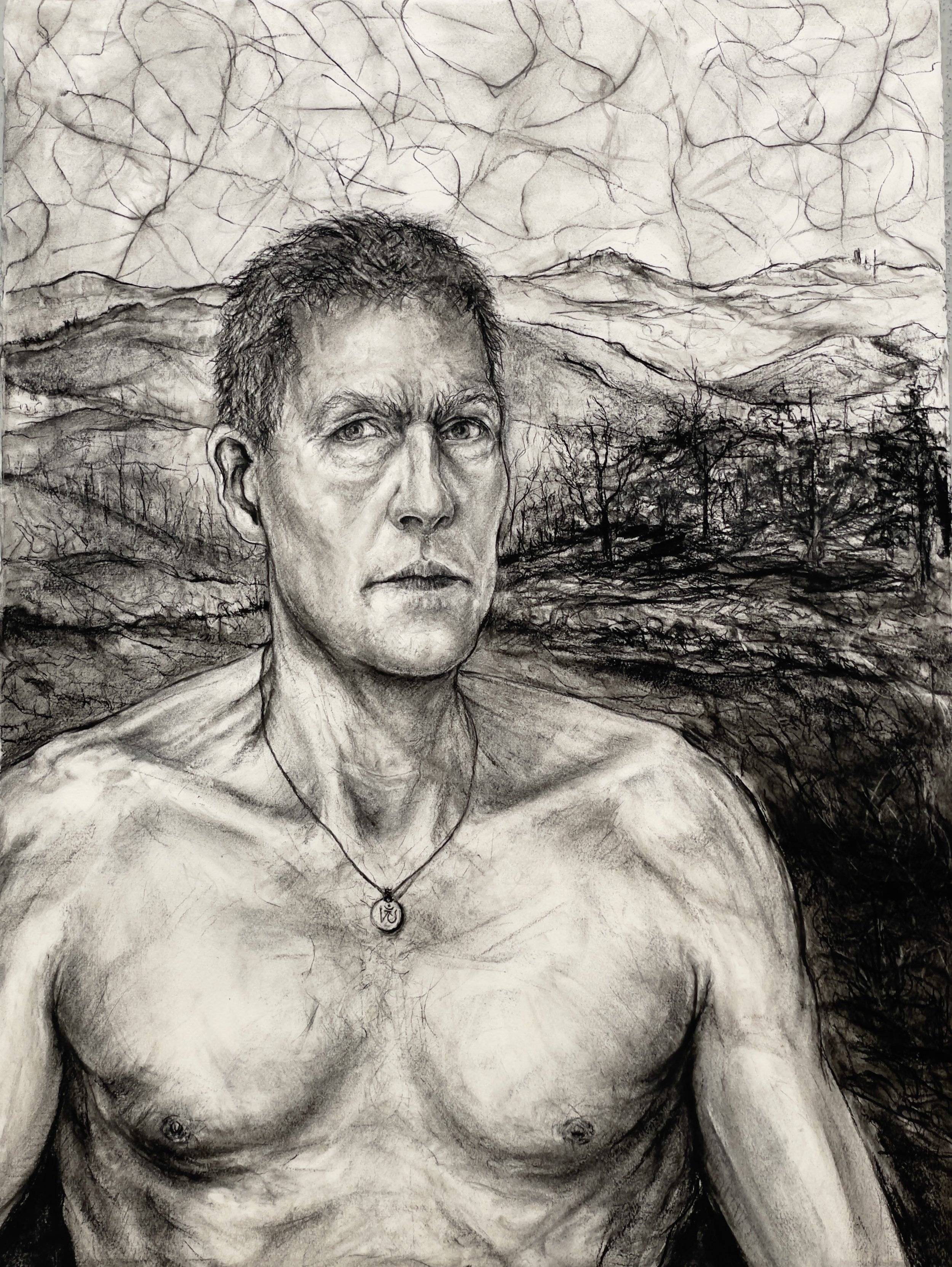 Self-Portrait at Age 59 in a Charred Landscape (Indra’s Net).  2022. Charcoal and black chalk on paper. 30 x 22 inches (76.2 x 55.9 cm) 