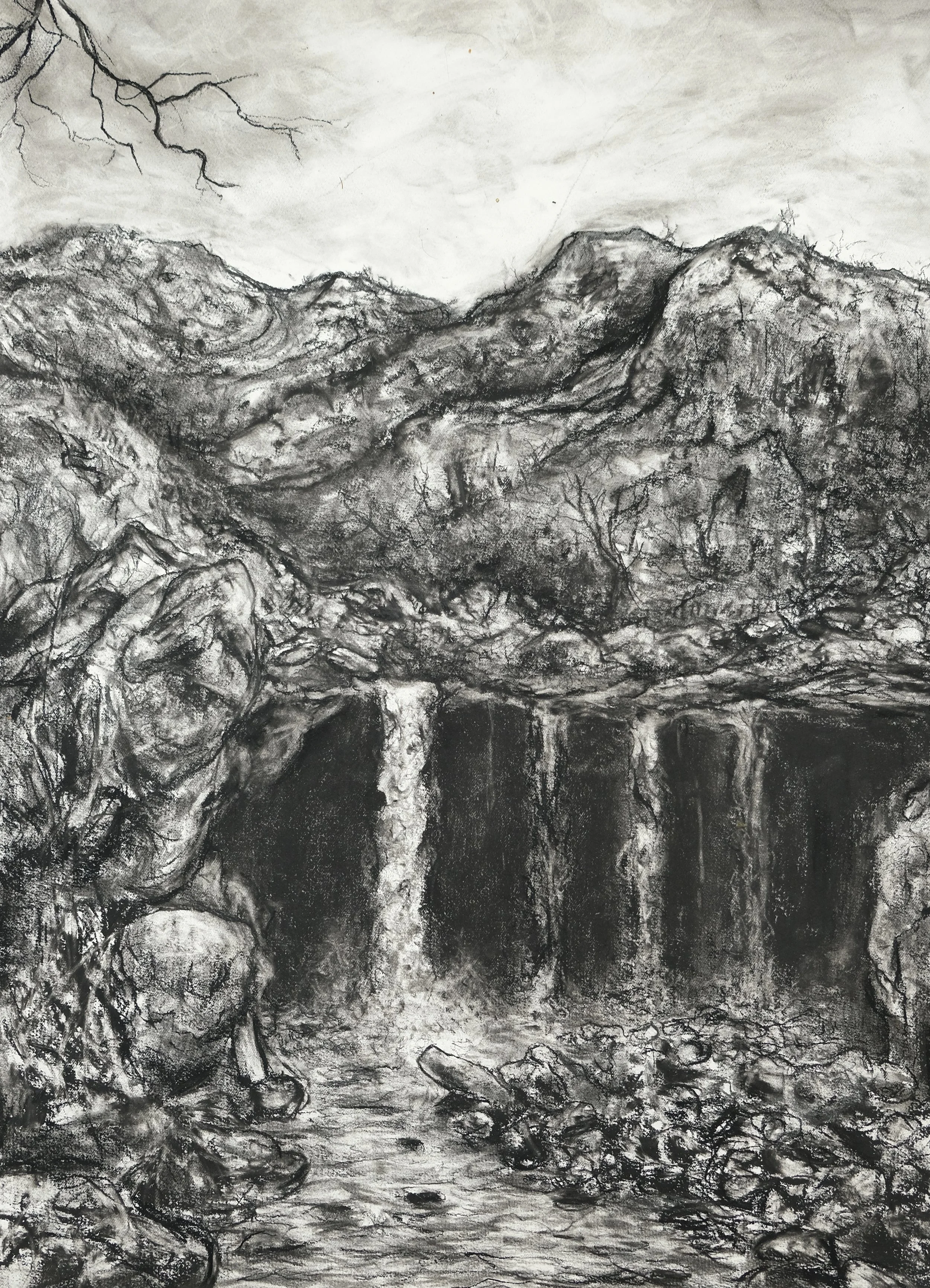 Iron Canyon Waterfall (Indra's Net). 2019. Charcoal and black chalk on paper. 30 x 22 in. (76.2 x 55.9 cm)