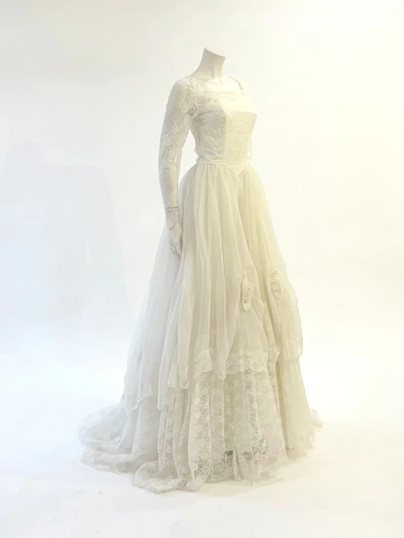 1960s Baque Waist Rosette and Lace Chiffon Gown