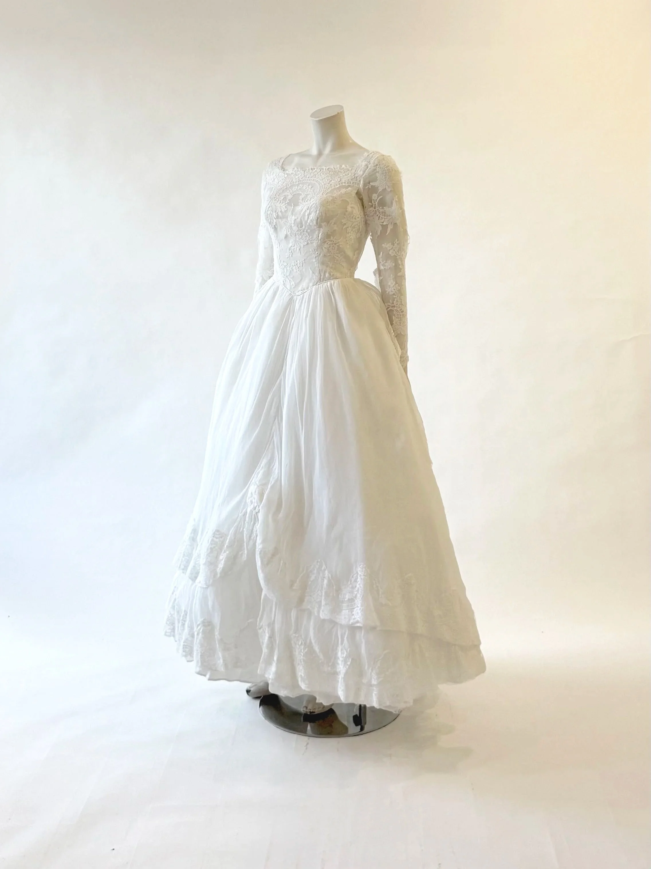 Vintage Tiered Silk Voile and Lace Gown