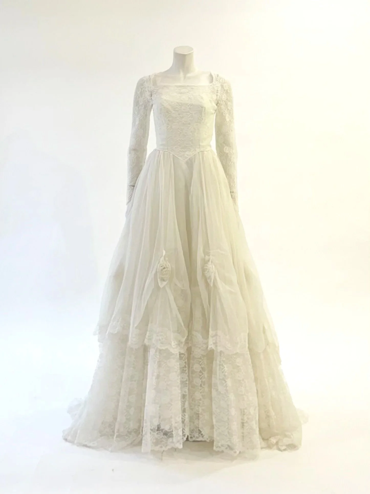 1960s Baque Waist Rosette and Lace Chiffon Gown