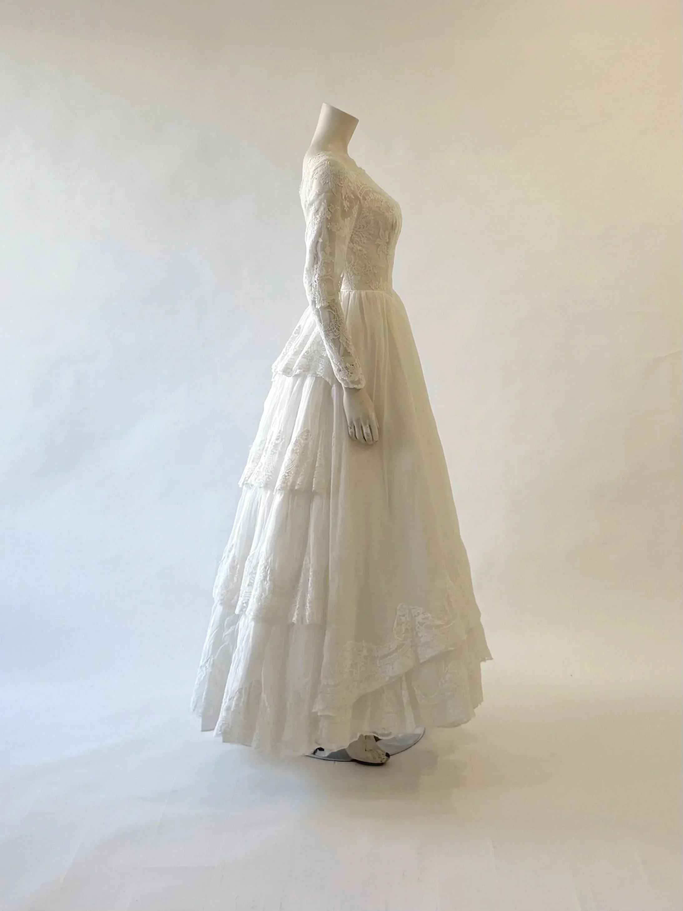 Vintage Tiered Silk Voile and Lace Gown