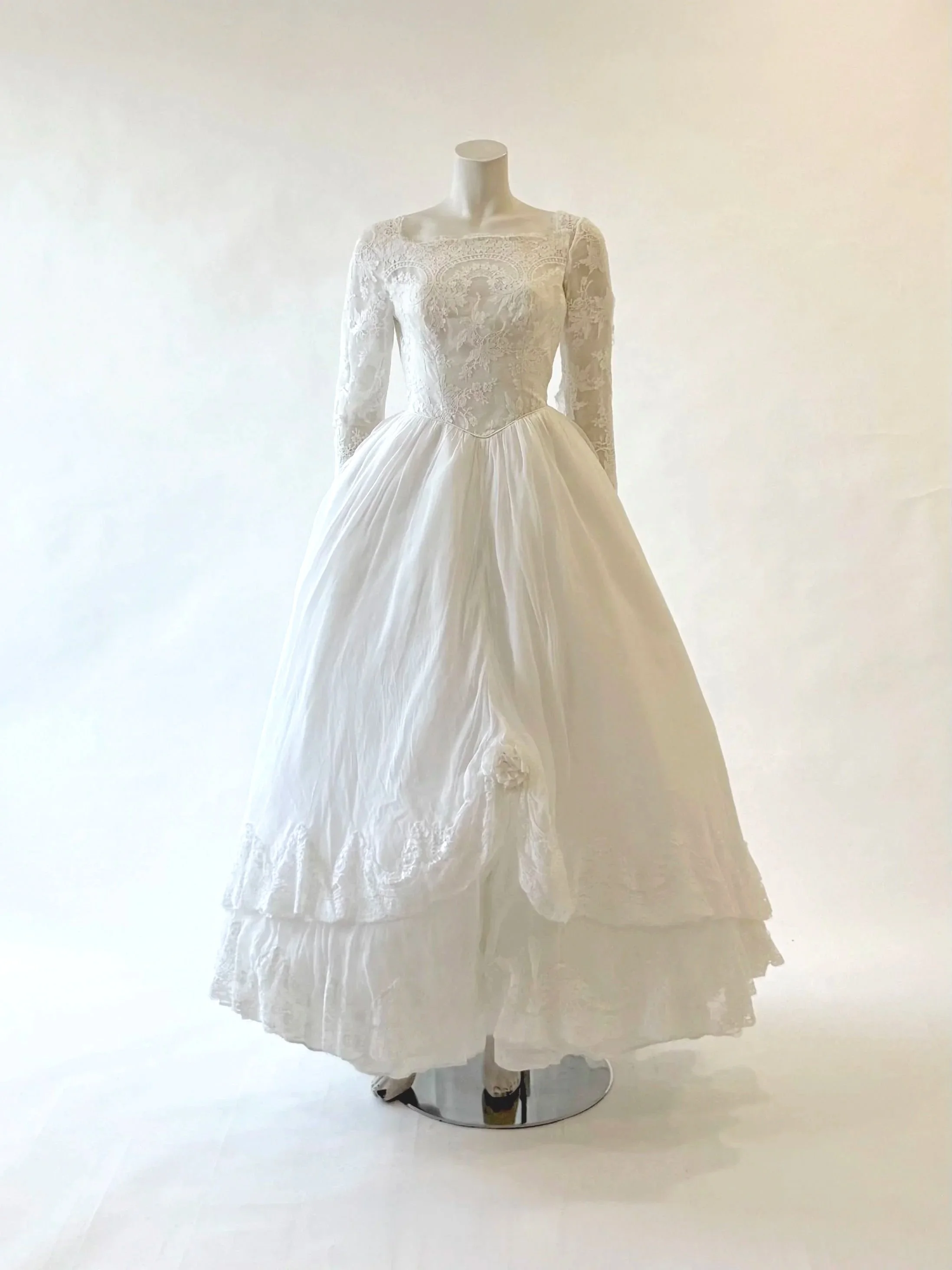 Vintage Tiered Silk Voile and Lace Gown
