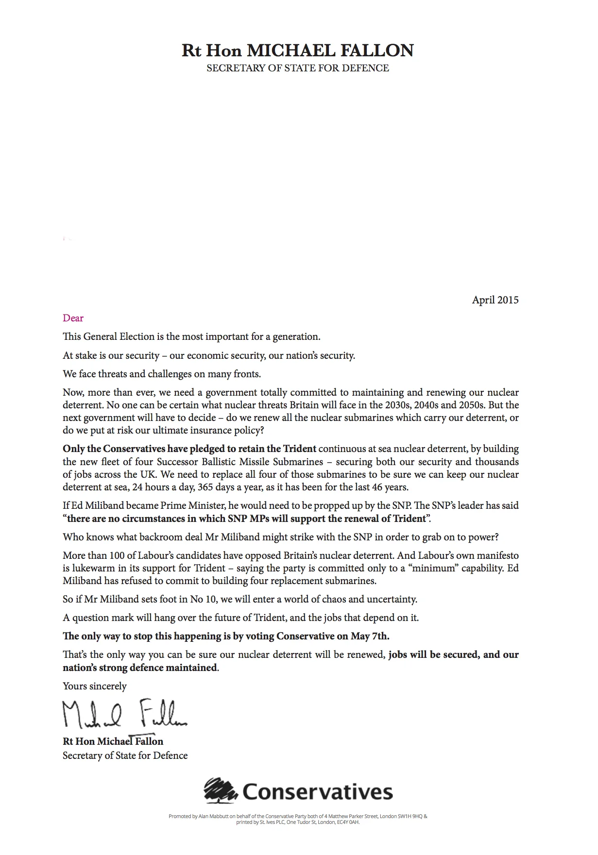 A letter from Michael Fallon to all Barrovians.