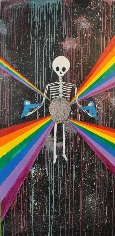 child skeleton holding two alarmclock birds suspended in space with human brain turning into pure energy OR brainbows.
