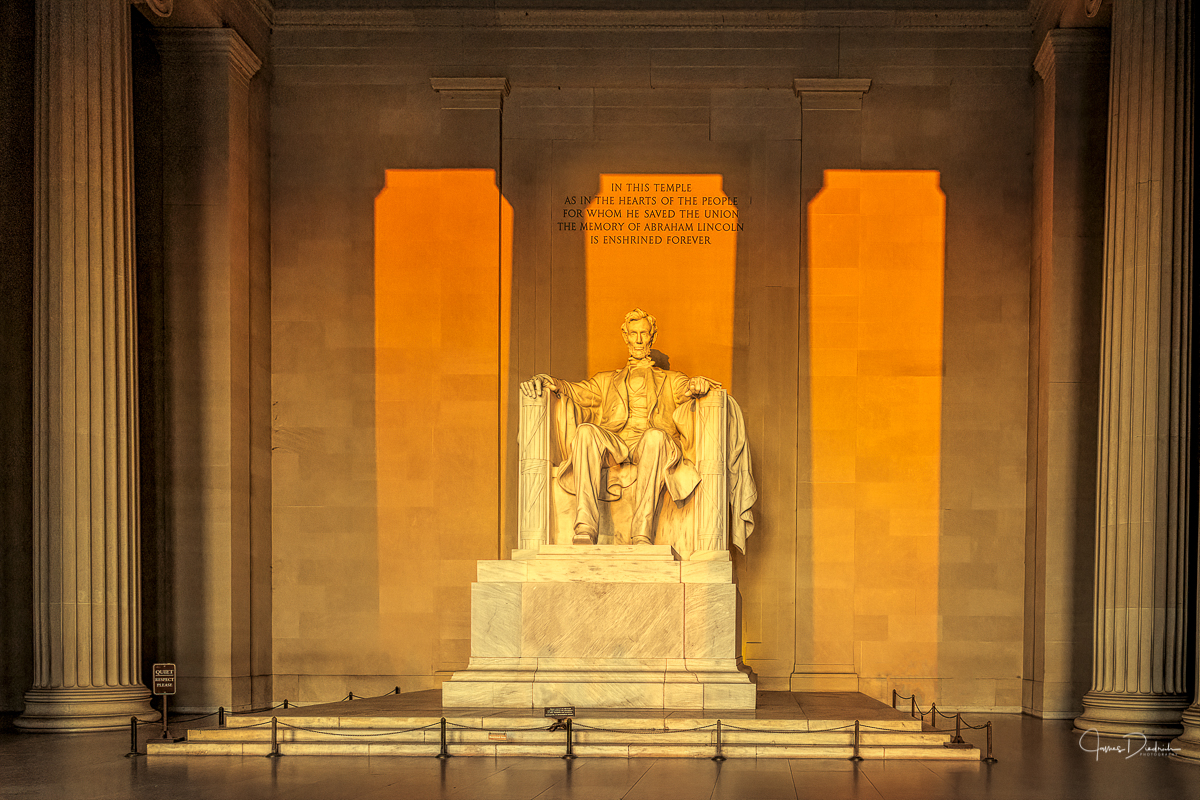 Suddenly the sun reaches the perfect spot and the memorial is illuminated. Notice the shadows of the front pillars behind Lincoln. A successful morning.