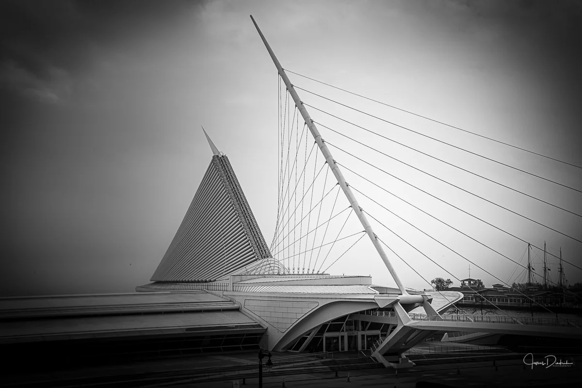 The Milwaukee Art Museum designed by Spanish architect Santiago Calatrava. This is cold cloudy morning.