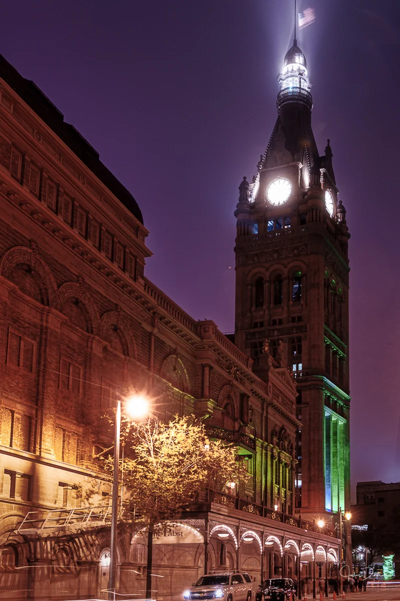 Milwaukee City Hall Tower with the Pabst Theater in the foreground.