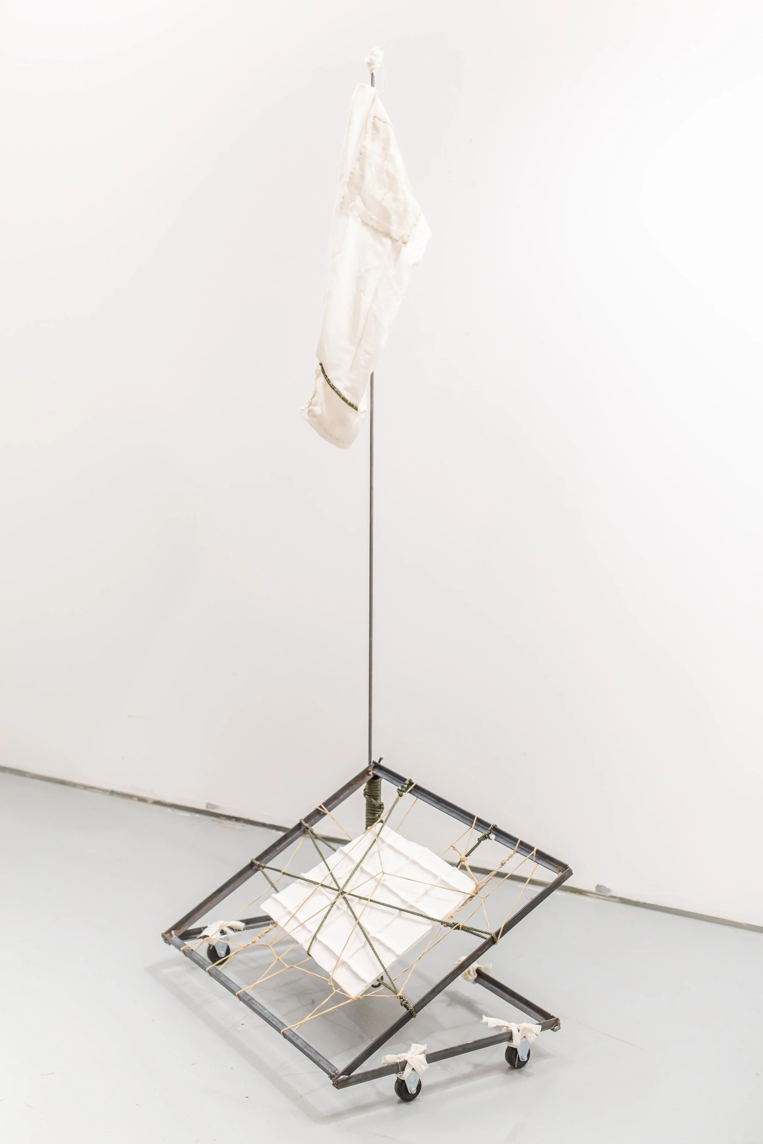 Rover, 2018, Steel, ceramic, leather cord, nylon rope, cotton, 70” x 30” x 24”