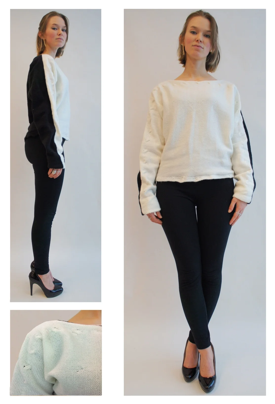 Black Back, White Cabled Slouch Sweater. December 2014.