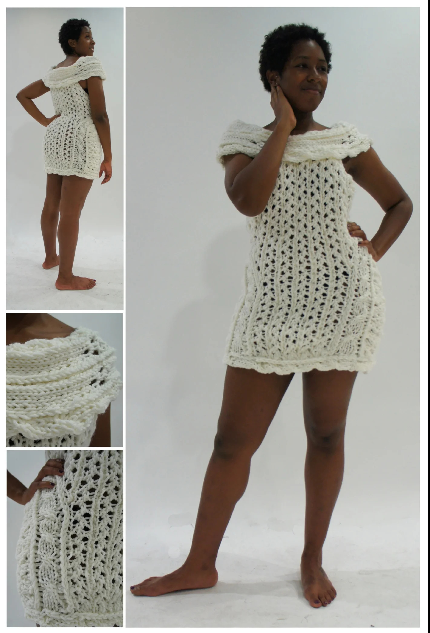 The Charlotte Cowl and Cable Knit Dress. March 2014. Wool. Designed and created for Knitwear Design at the Hong Kong Polytechnic University using the technique of finger knitting to simulate a knitting machine.