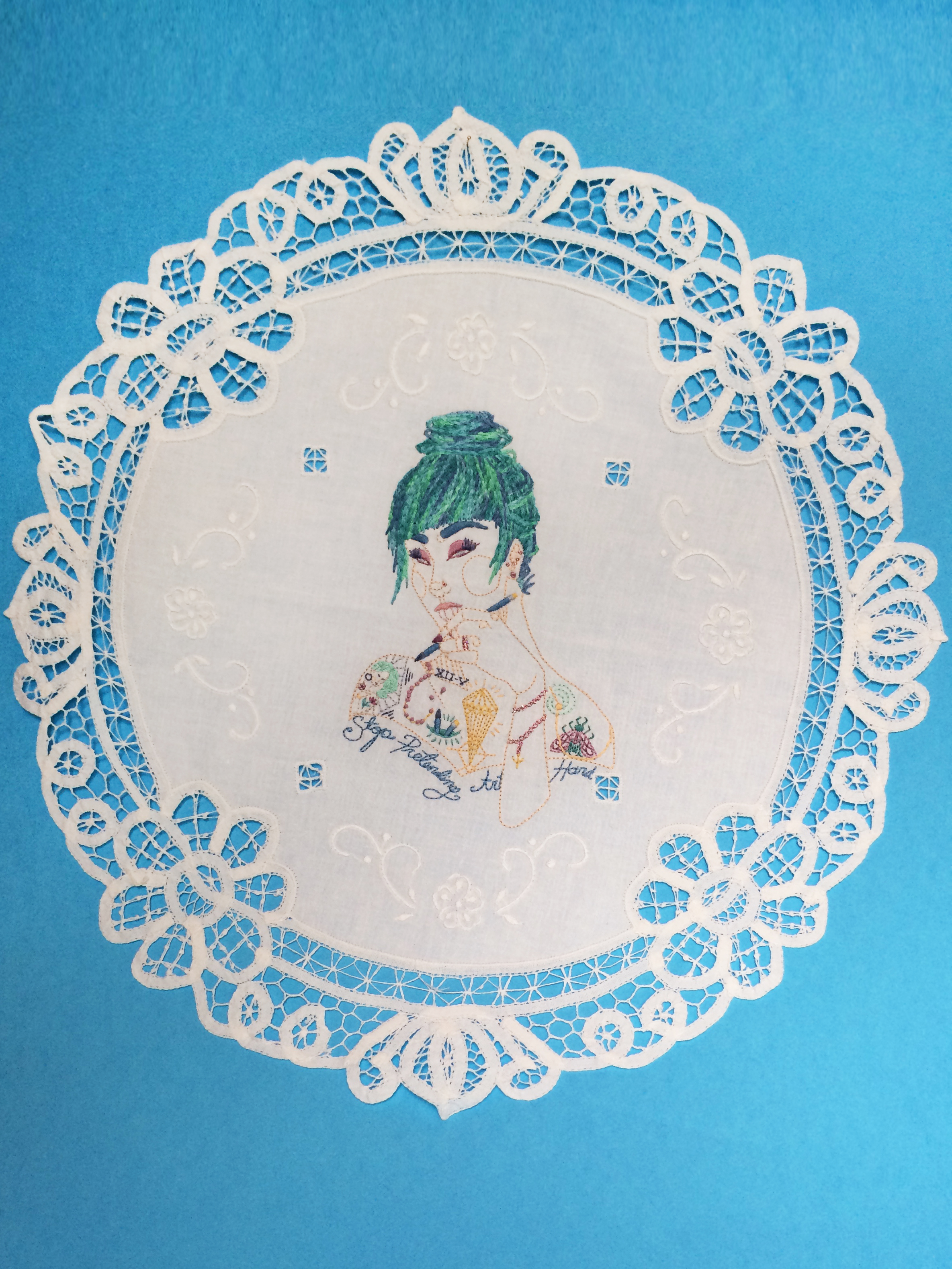Amanda , Embroidered Illustration on Vintage Lace. 18"x18" . 2015.