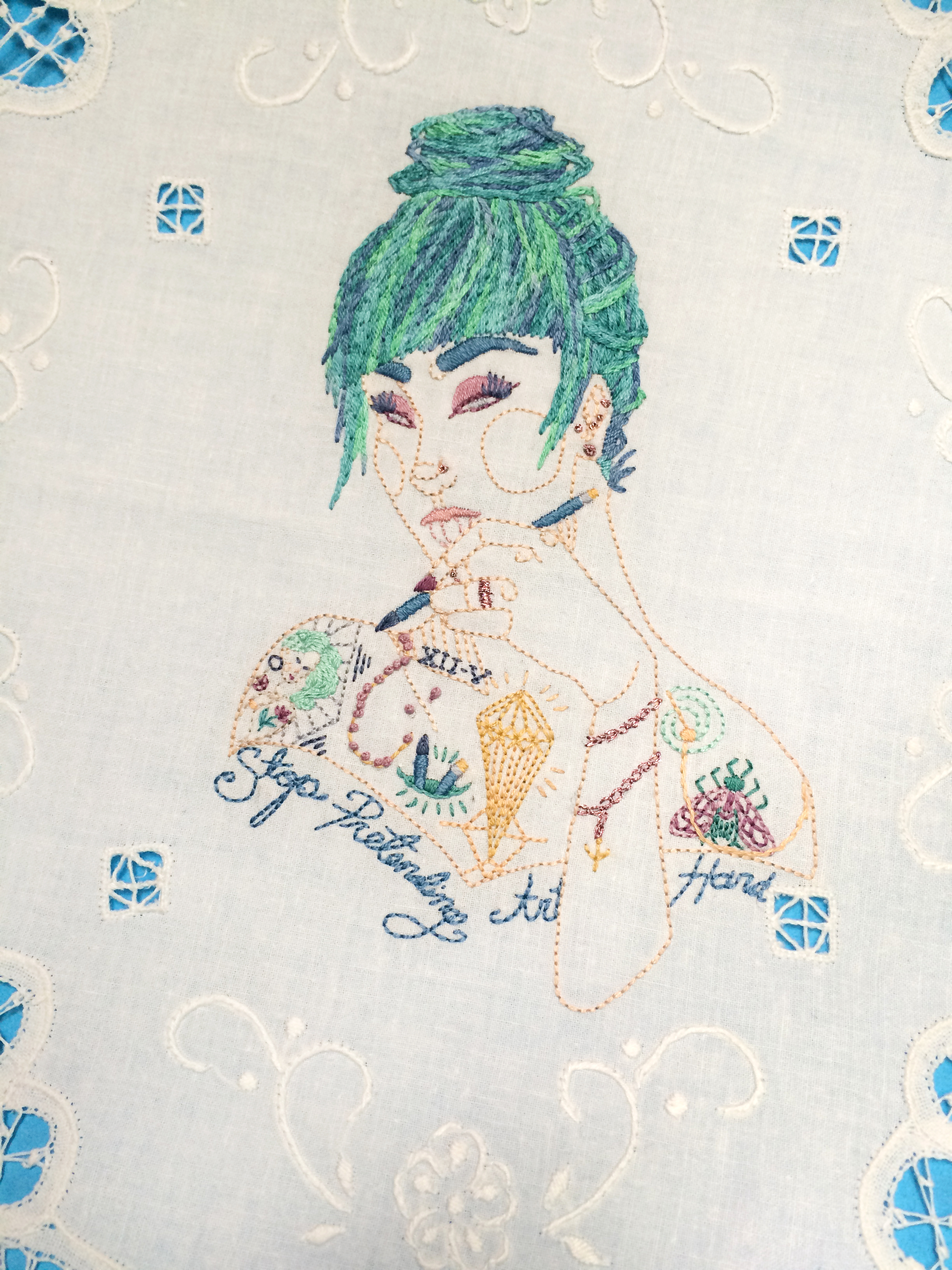 Amanda, Close Up , Embroidered Illustration on Vintage Lace. 18"x18" . 2015.