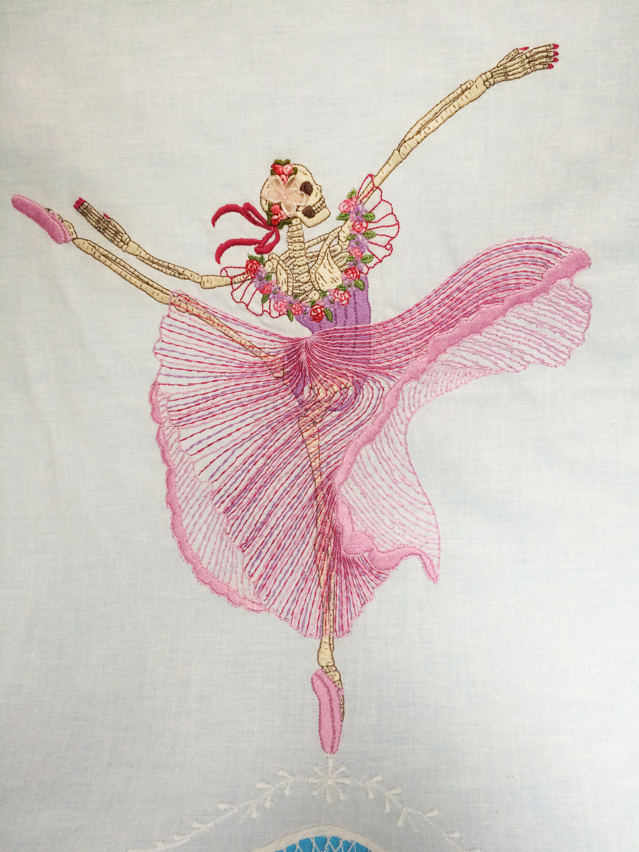 Skeleton Ballerina, Embroidered Illustration on Vintage Lace. 20"x15" . 2015.
