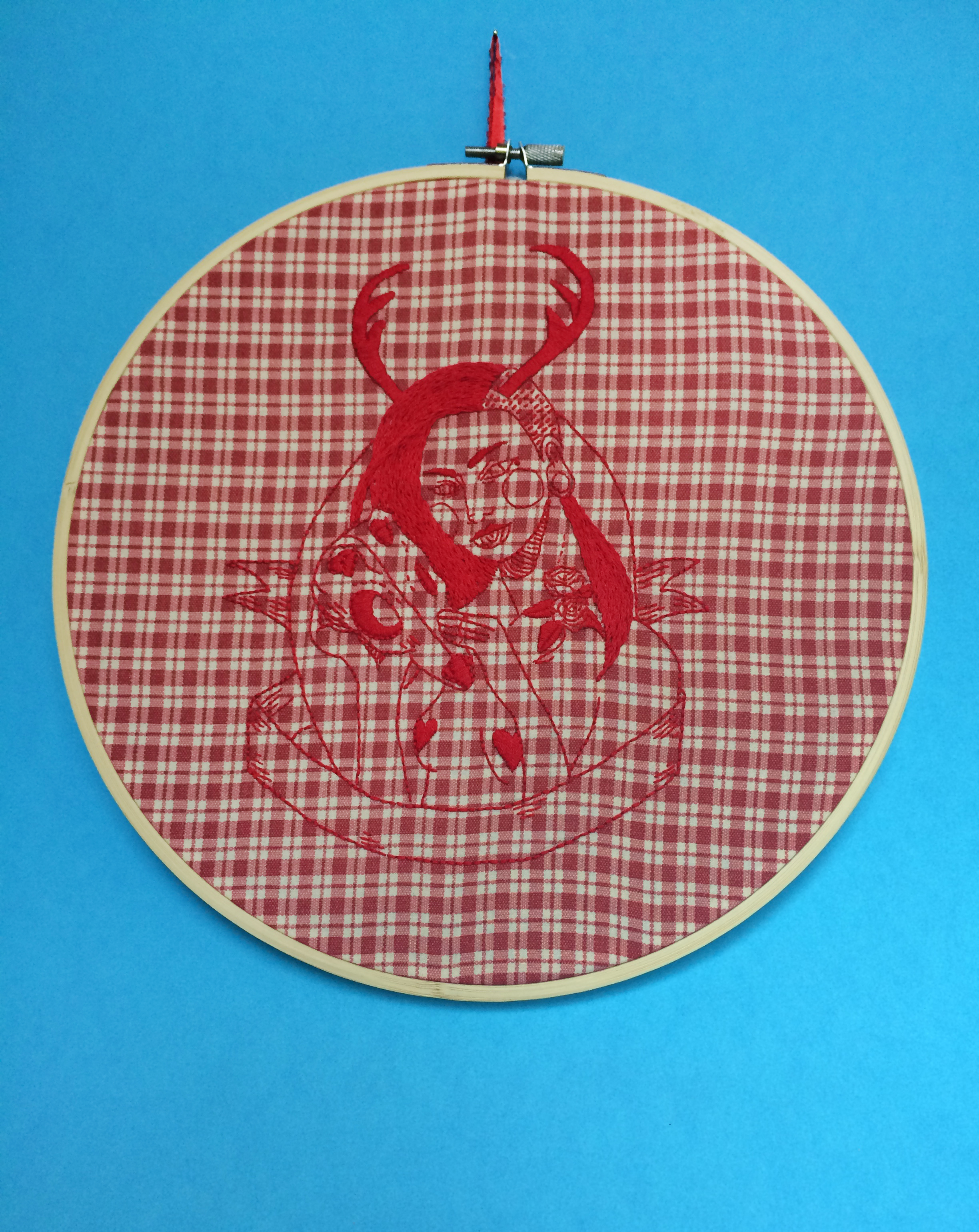 Horned Lady 2 , Embroidered Illustration. 10.75"x10.75" . 2014.