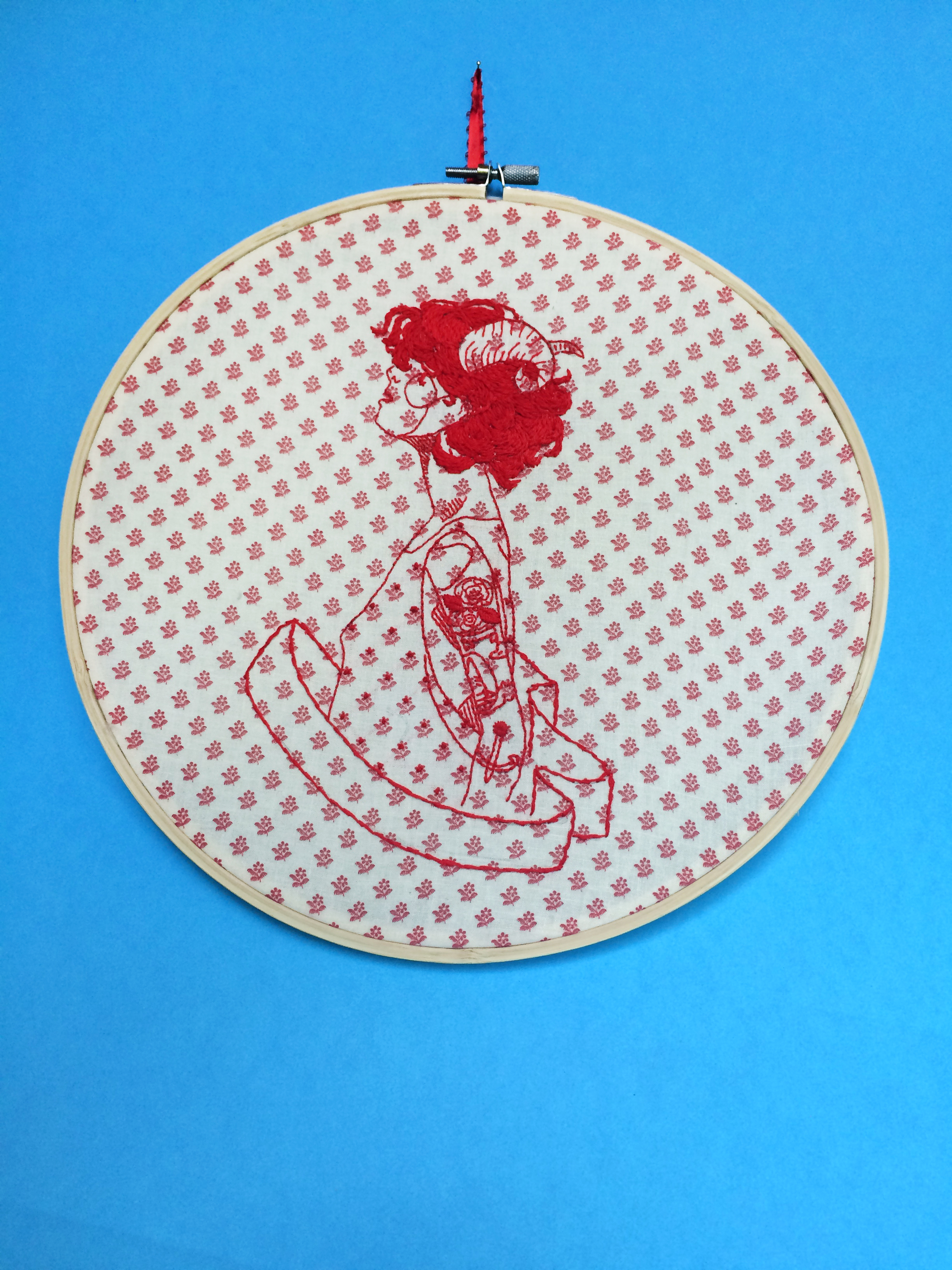 Horned Lady 3 , Embroidered Illustration. 10.75"x10.75" . 2014.