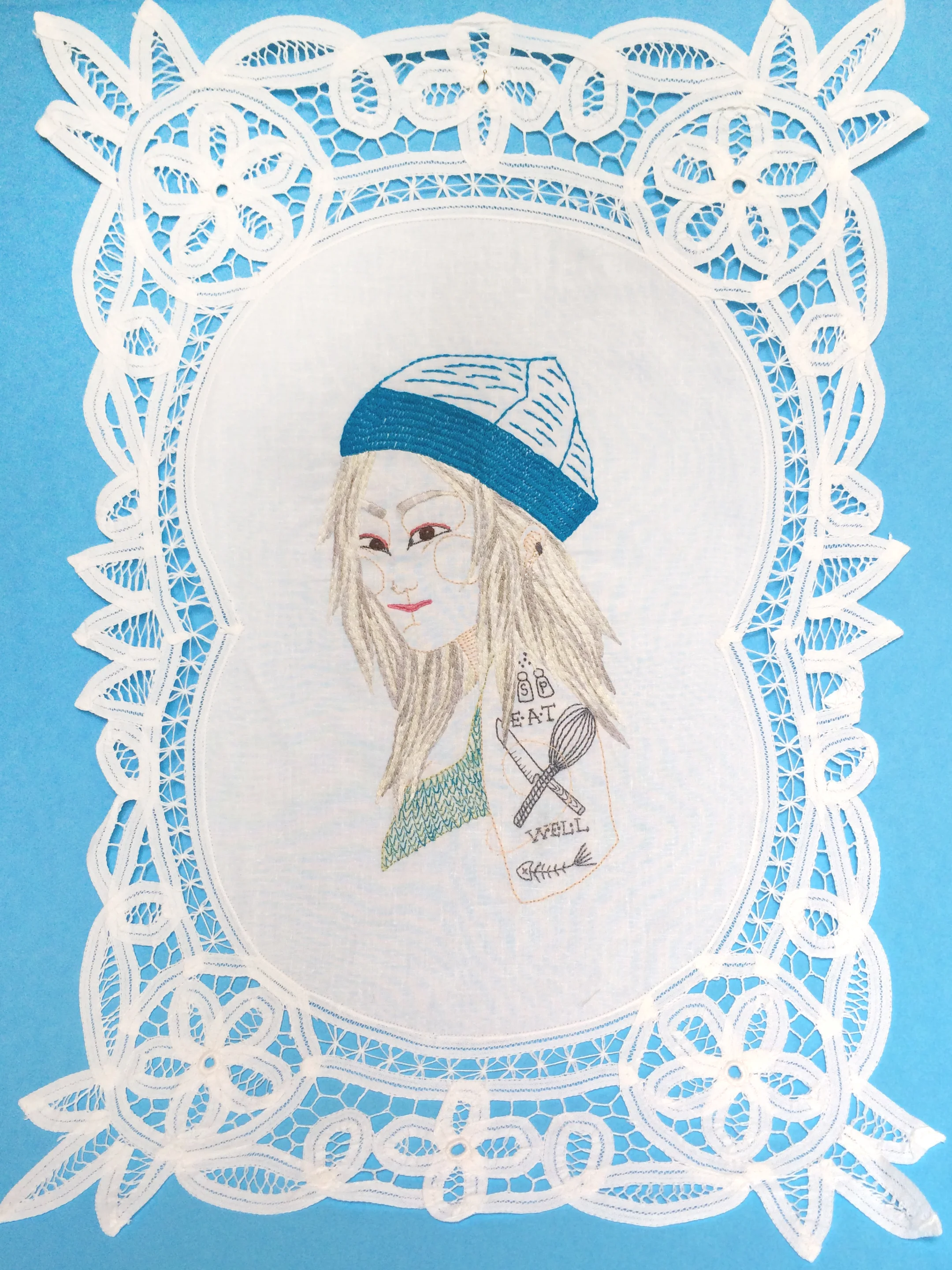 Chef, Embroidered Illustration on Vintage Lace. 20"x15" . 2016.