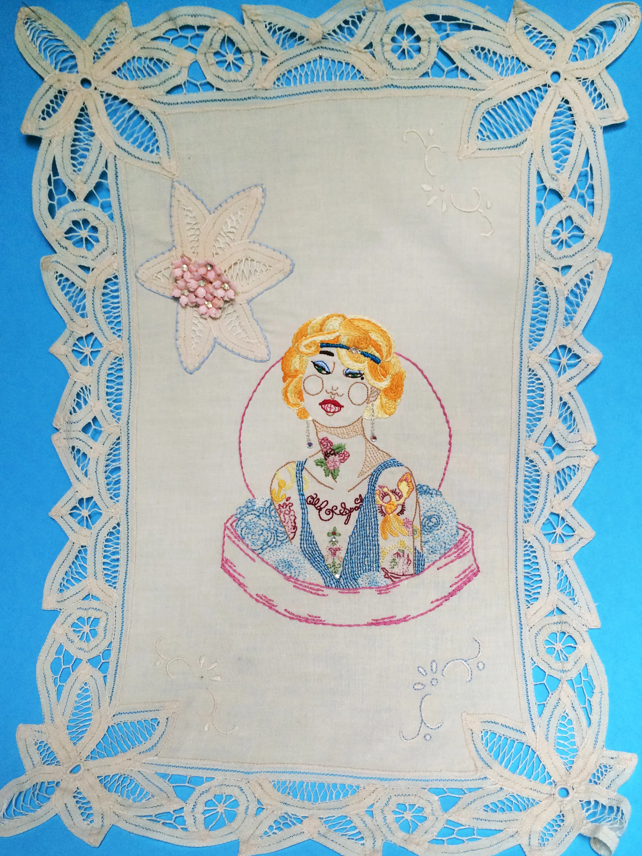Flapper , Embroidered Illustration on Vintage Lace. 21"x15" . 2016.