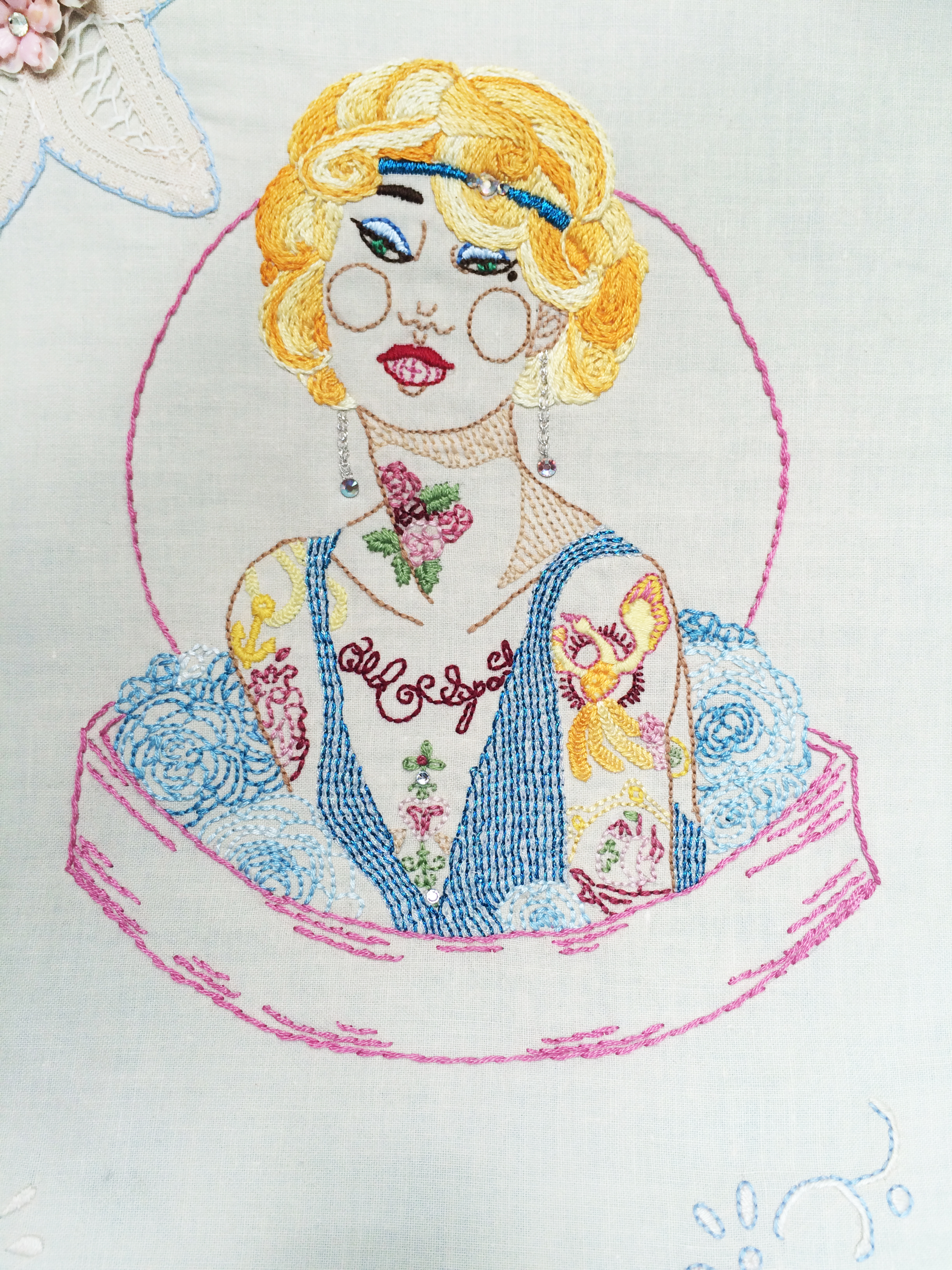 Flapper, Close Up , Embroidered Illustration on Vintage Lace. 21"x15" . 2016.