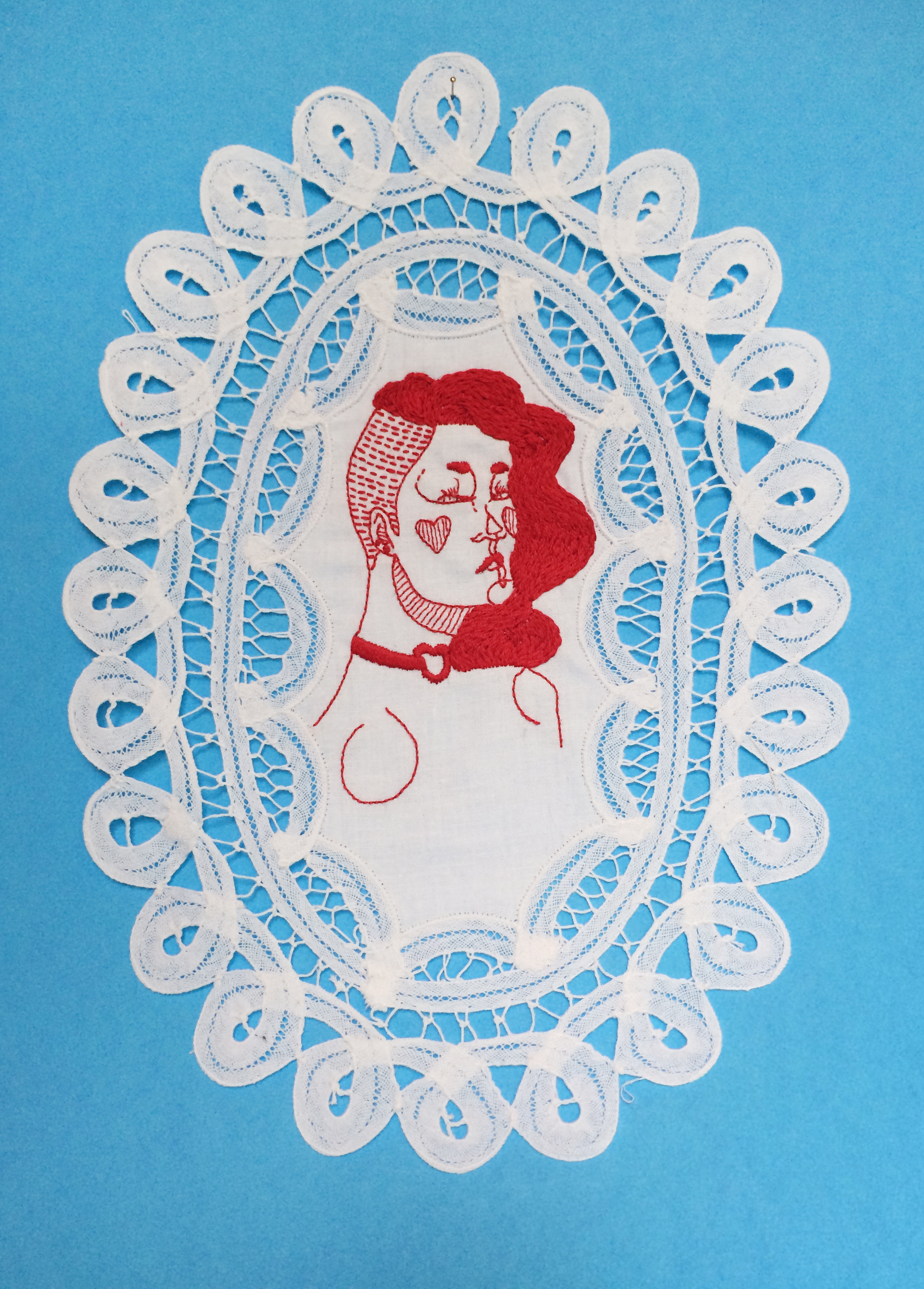 Queen of Hearts, Embroidered Illustration on Vintage Lace. 9"x12" . 2016.